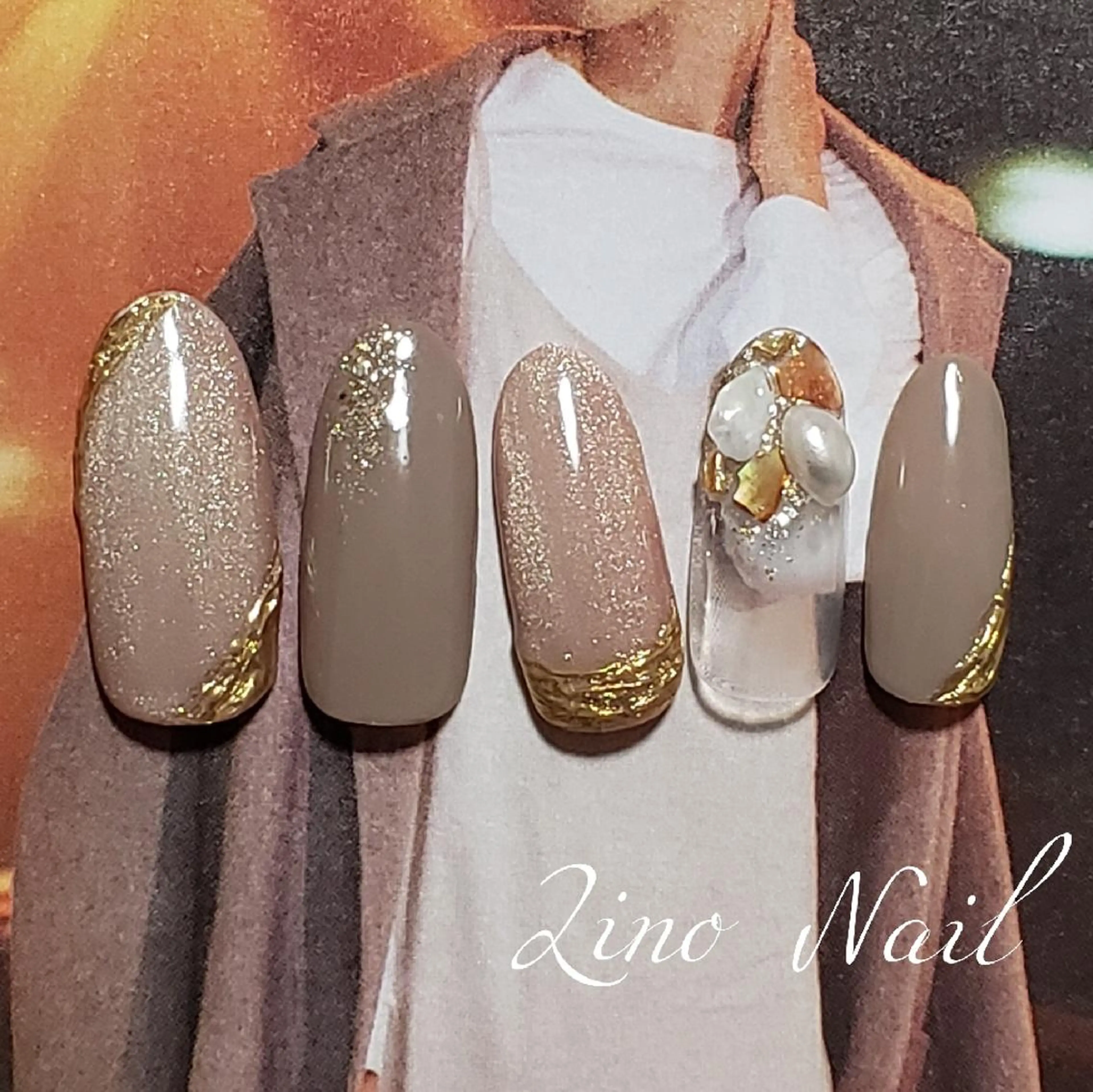ネイル ブラウン カジュアル ジェルネイル キラキラネイル ラメ(グリッター) Lino Nailのネイルデザイン