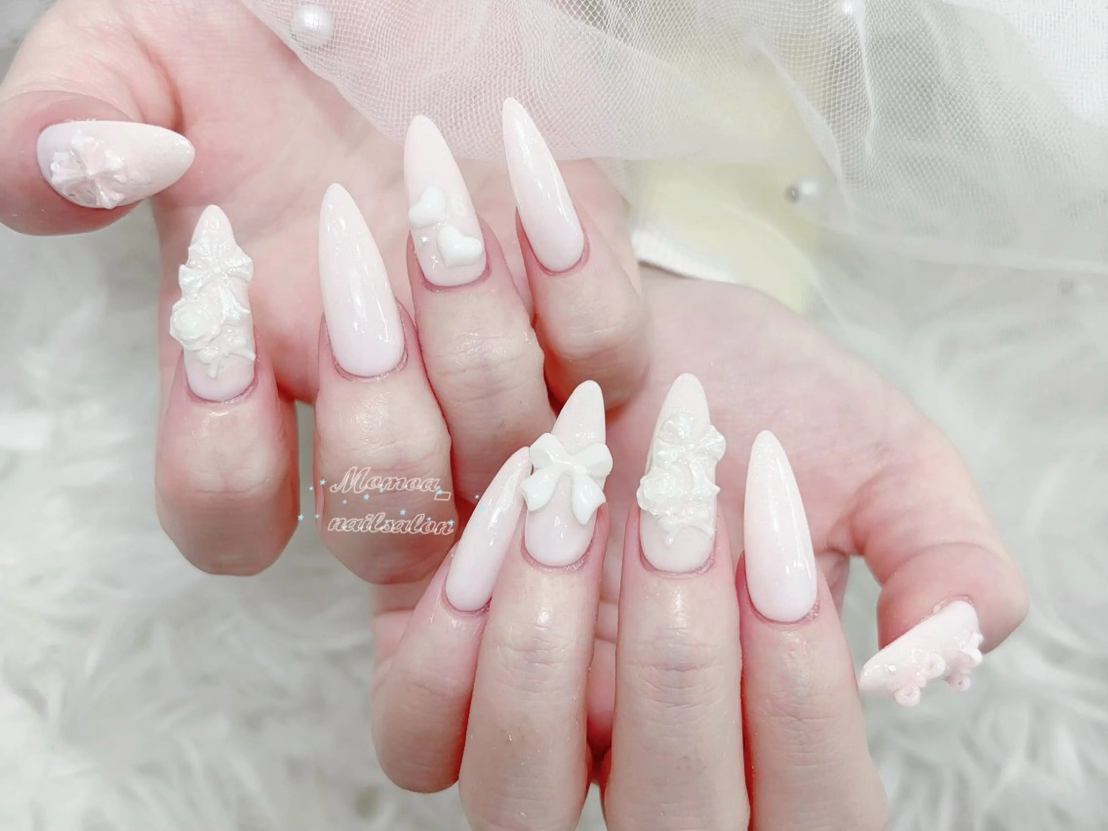 ネイル 成人式 マグネットネイル 大理石ネイル(マーブル) リボン 夏ネイル ハンドネイル MoMoA Nail ネイル長さ出し専門店のネイルデザイン