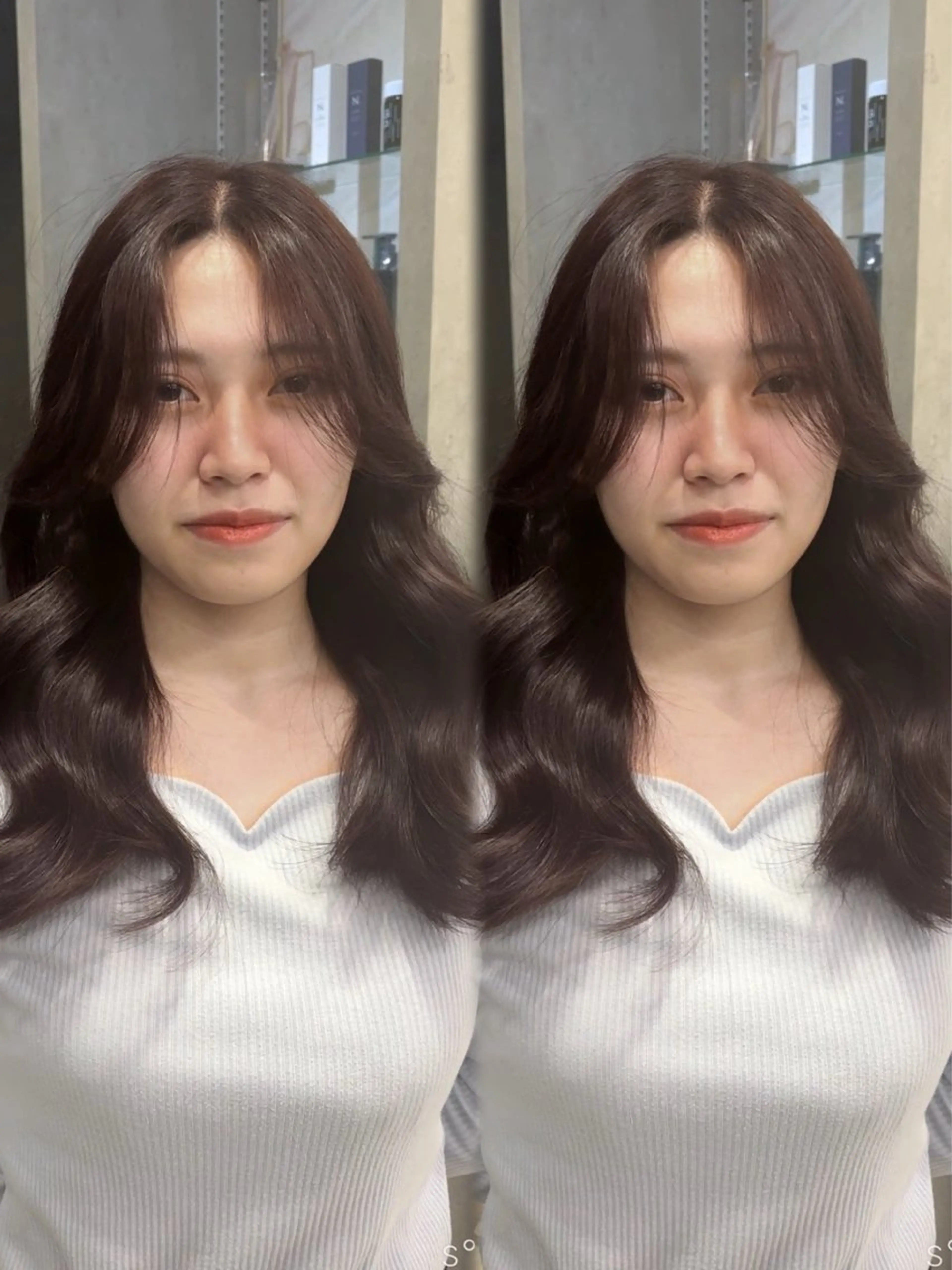 ロング カット ヘアカラー トリートメント 韓国ヘア/ブリーチ無 しWカラー/オリーブのヘアスタイル