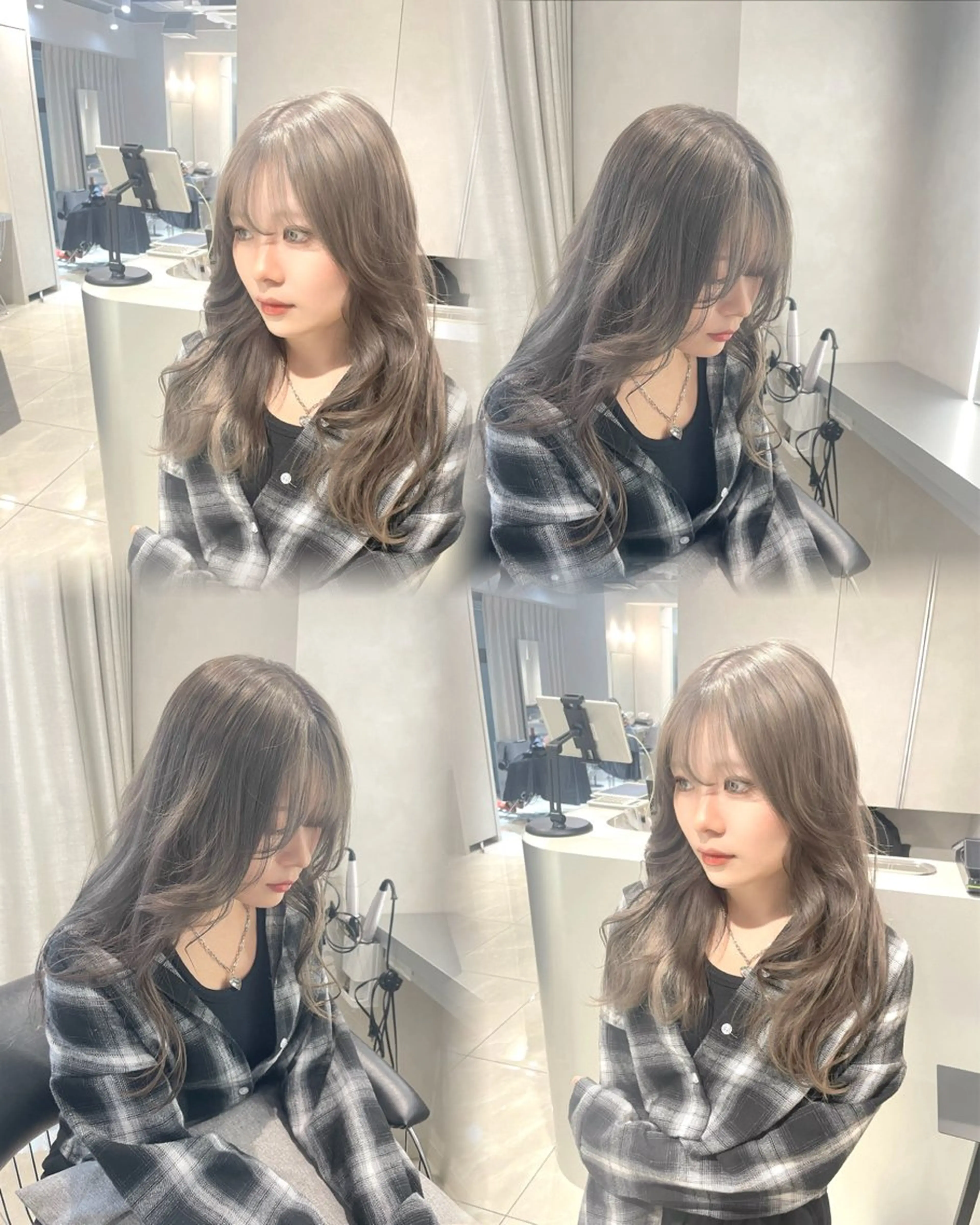 ミディアム カラー ブリーチ ブルーカラー ケアブリーチ グレージュ ハイトーンカラー ハッシュカット レイヤー池袋のヘアスタイル