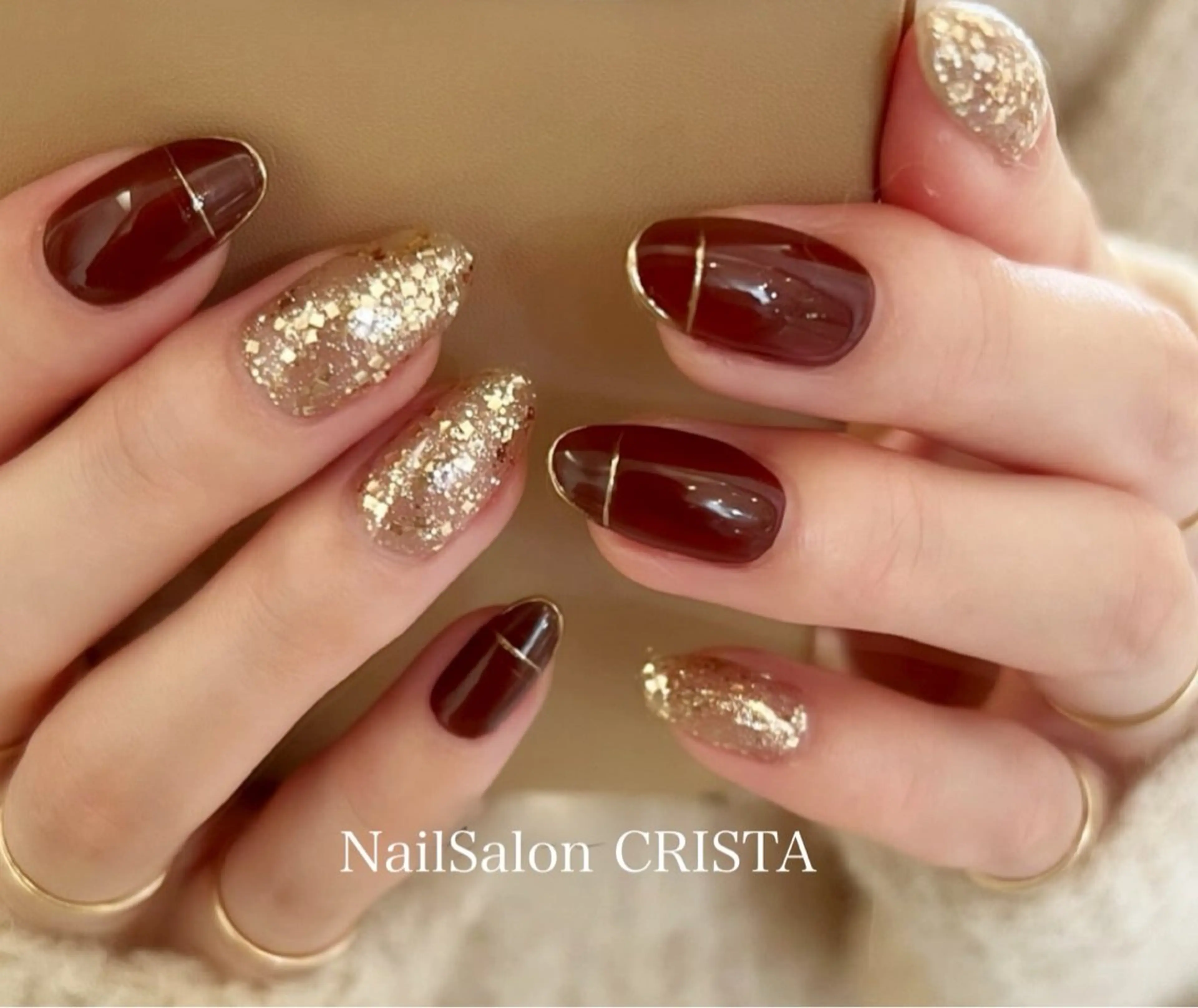 ネイル ゴールド キラキラネイル ラメ(グリッター) 赤色 ハンドネイル Nail Salon CRISTA所属・CRISTA chikakoのネイルデザイン