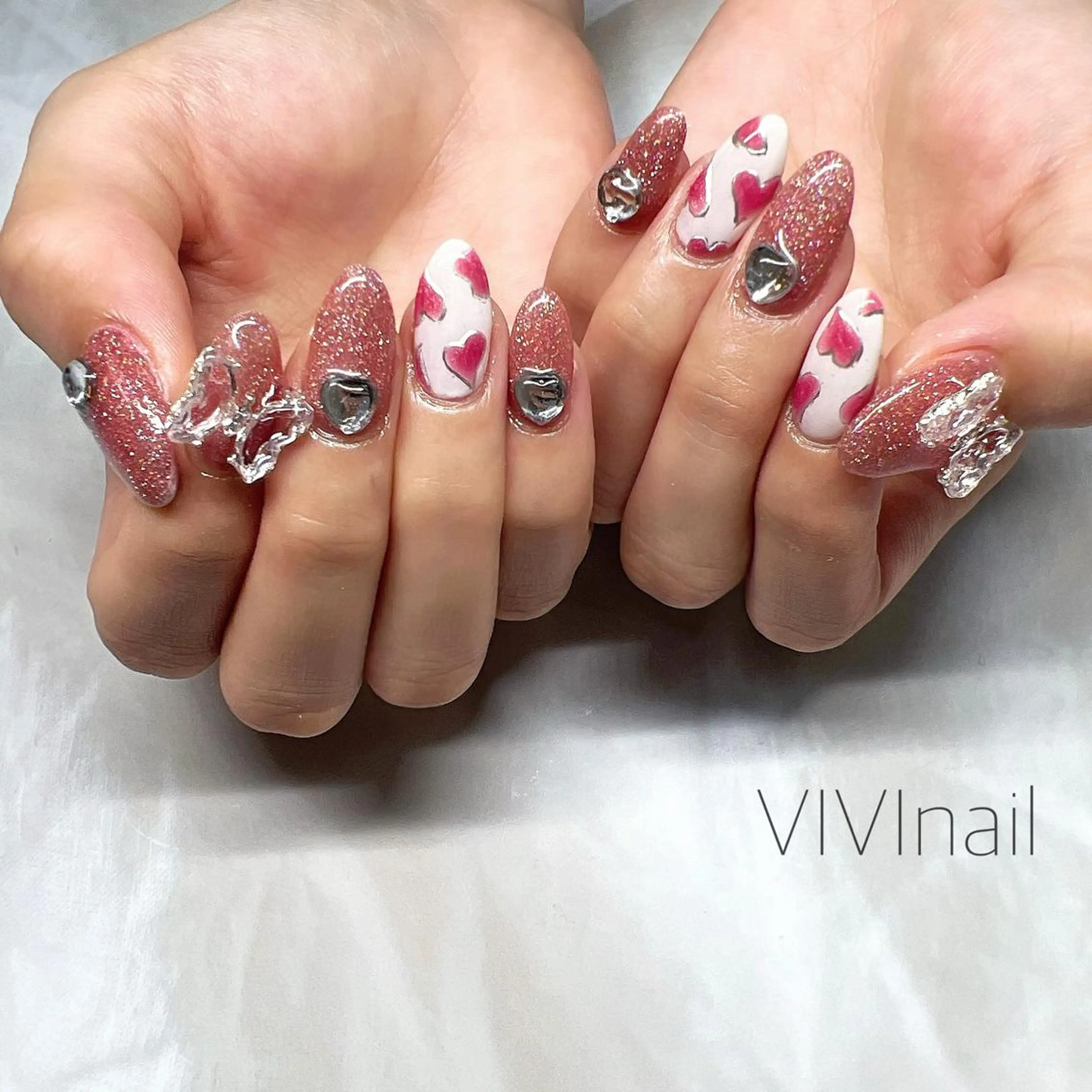 ネイル ハート ラメ(グリッター) ハンドネイル vivi nailのネイルデザイン