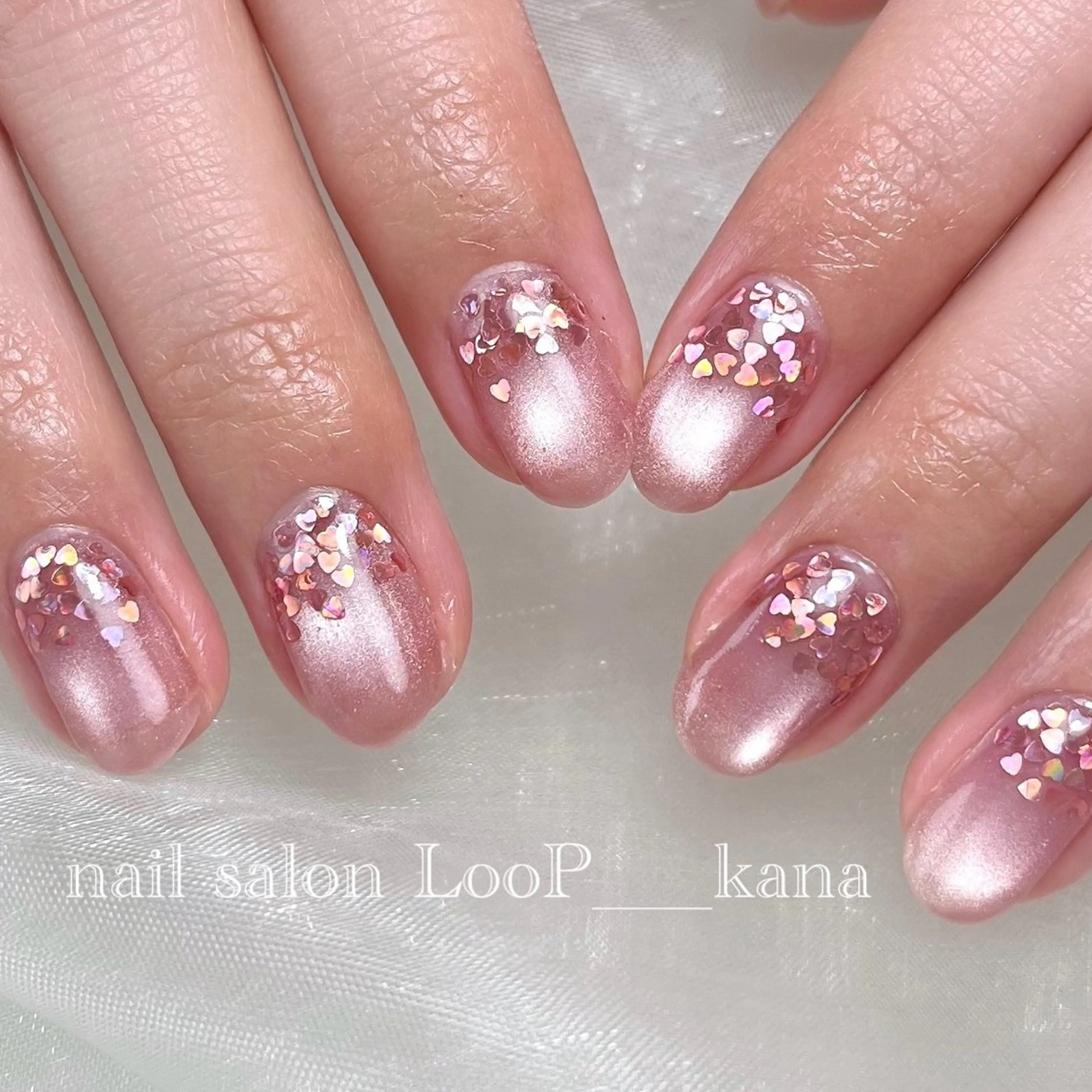 ネイル 桜ネイル ハート ホログラムネイル マグネットネイル ピンク ハンドネイル ネイルモデル募集中 LooP-kanaのネイルデザイン