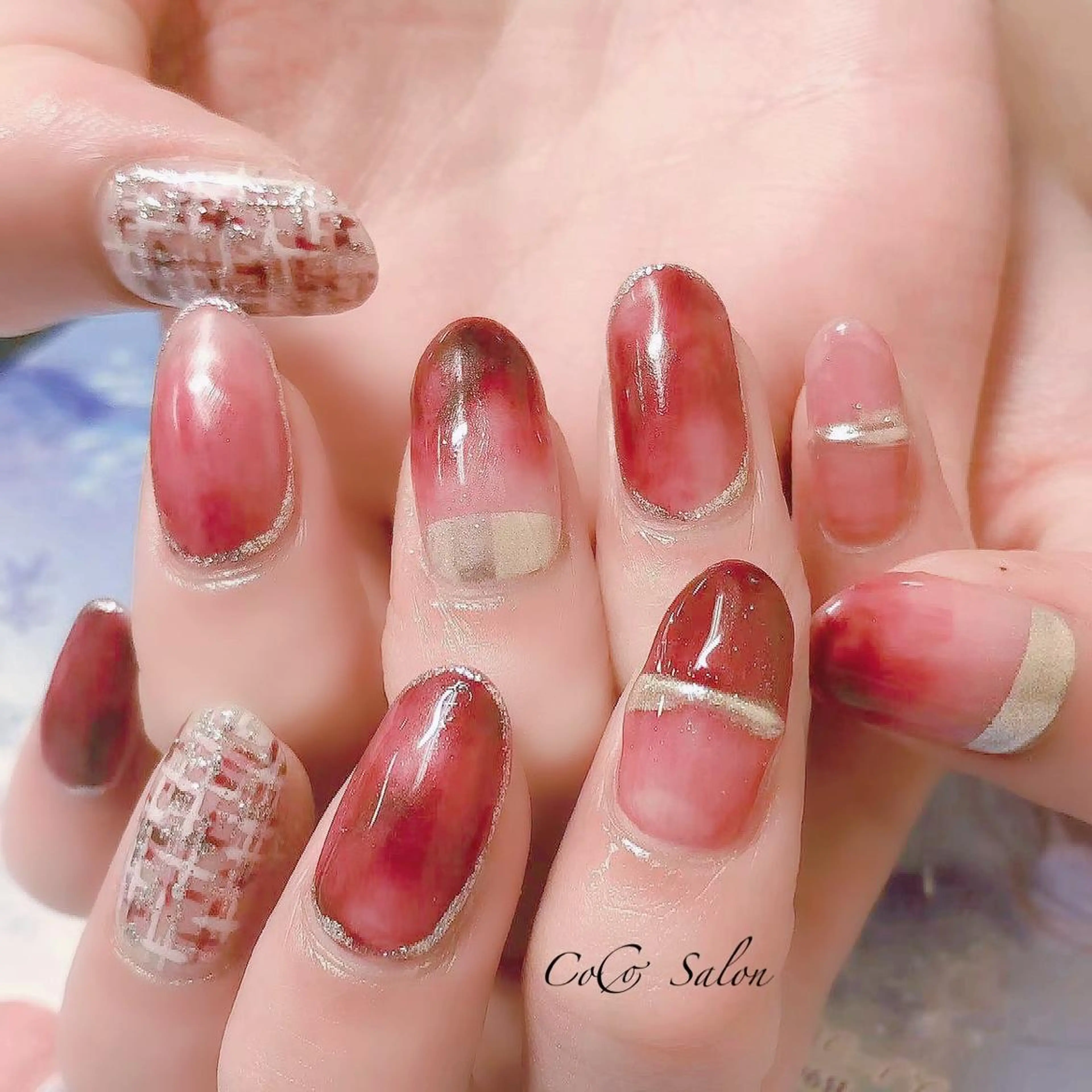 ネイル ボルドー 長さ出し フレンチネイル ジェルネイル ミラーネイル ハンドネイル CoCoSalon ネイル/まつ毛予約のネイルデザイン