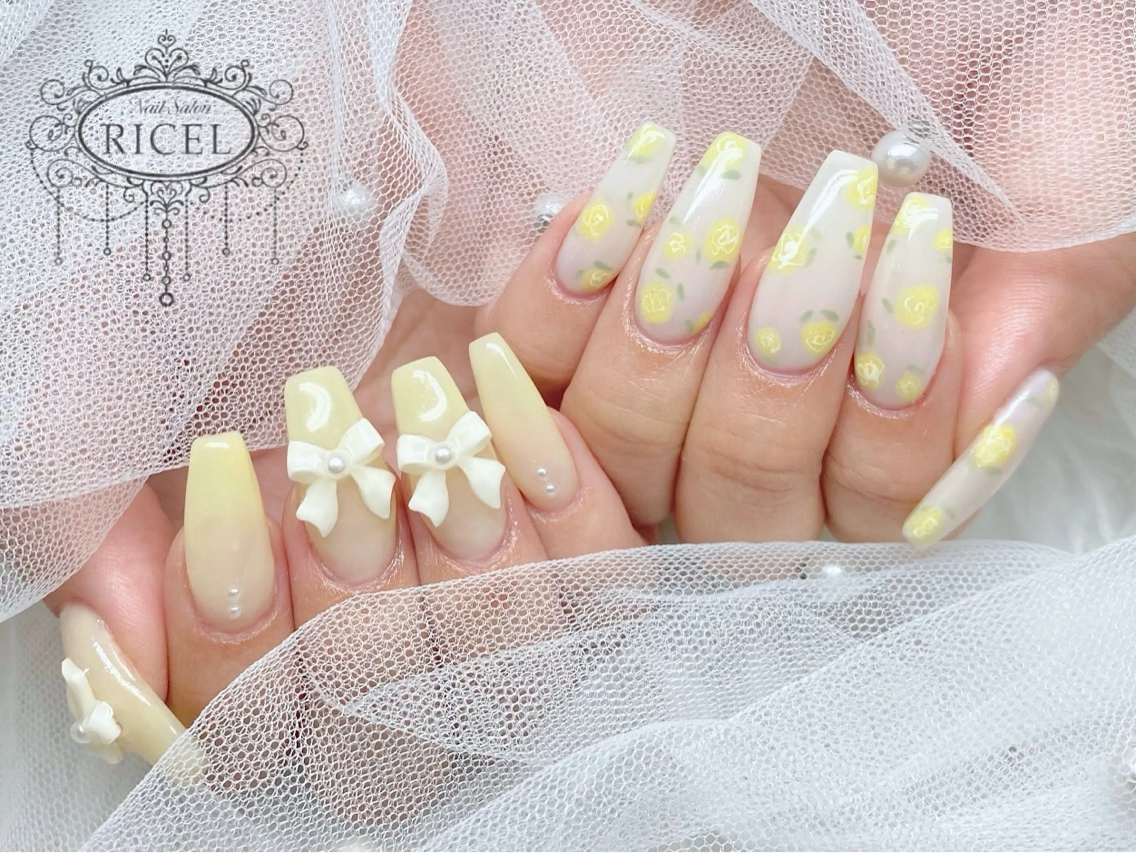 ネイル グラデーション 韓国ネイル リボン 春ネイル ワンホンネイル Ricel新宿店所属・KANO ♡のネイルデザイン