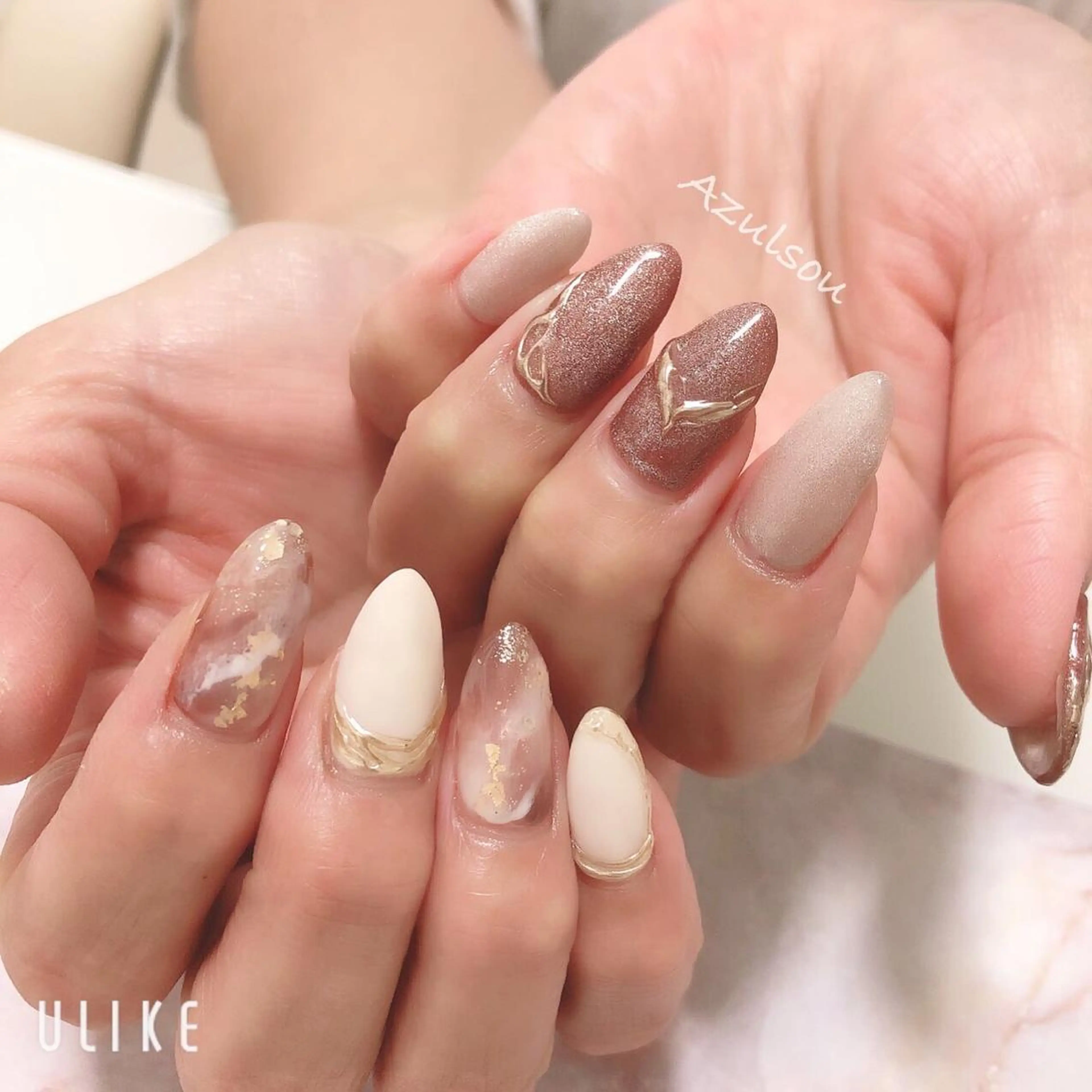 ネイル ブラウン ジェルネイル 韓国ネイル ミラーネイル 持ち込み Azulsou 廣川愛のネイルデザイン