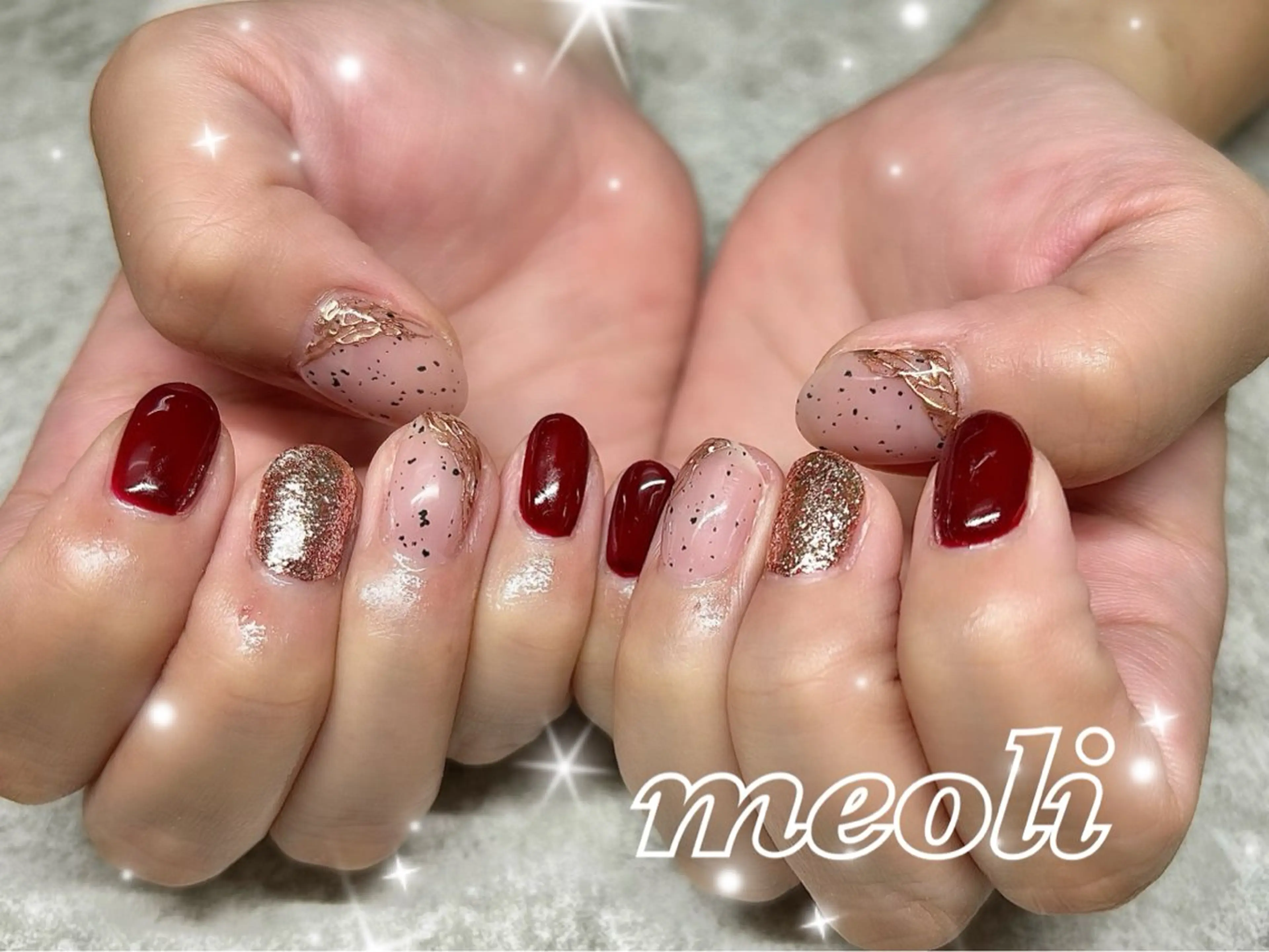 ネイル アートネイル ボルドー ゴールド ラメ(グリッター) ミラーネイル ハンドネイル nail salon meoli アヤのネイルデザイン
