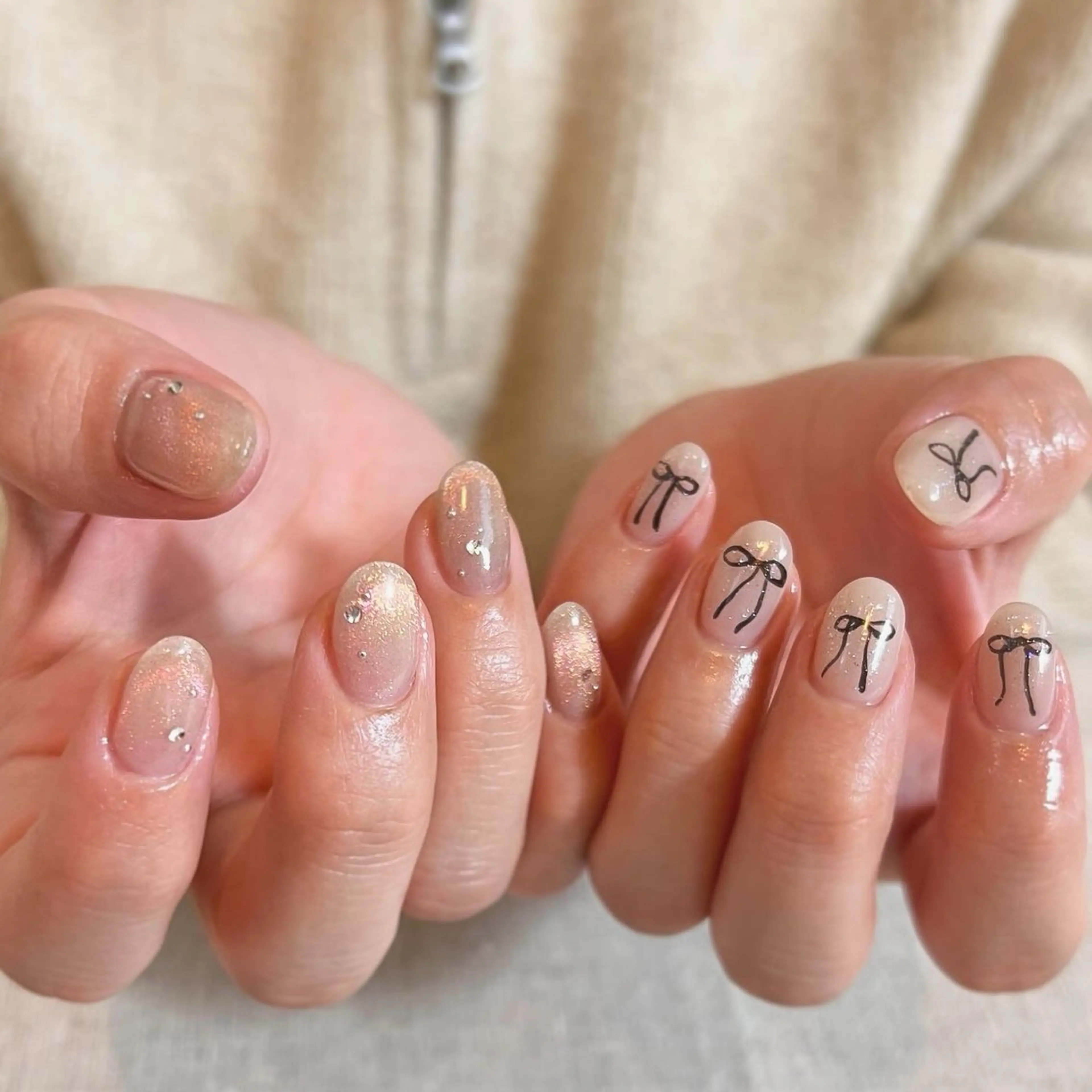 ネイル フラッシュネイル 韓国ネイル マグネットネイル ピンク リボン ハンドネイル pointillé .ayaのネイルデザイン