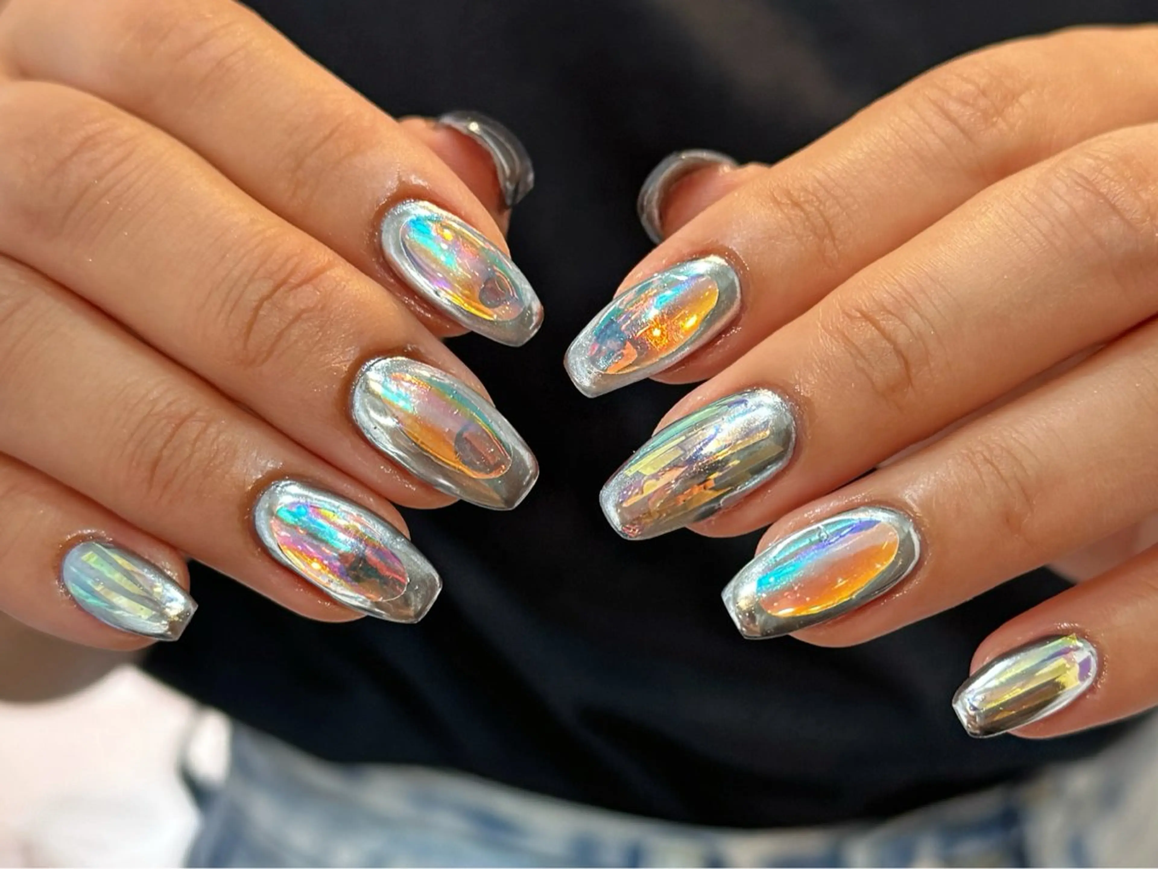 ネイル オーロラネイル 長さ出し フレンチネイル ジェルネイル ガラスフレンチ ハンドネイル Rela・S NAILのネイルデザイン