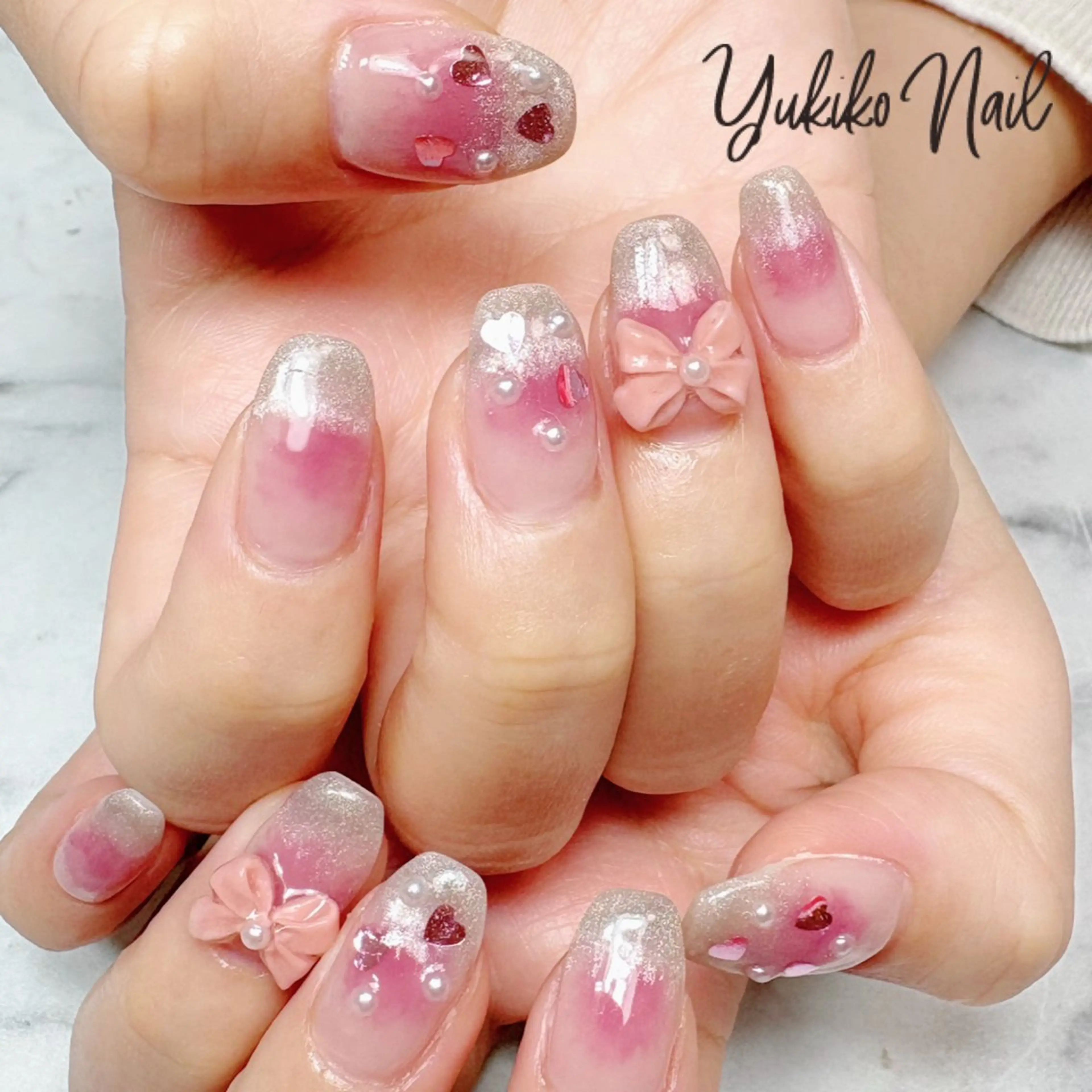 ネイル チークネイル フレンチネイル ガーリー グラデーション ハート ハンドネイル ユキコ ネイルのネイルデザイン