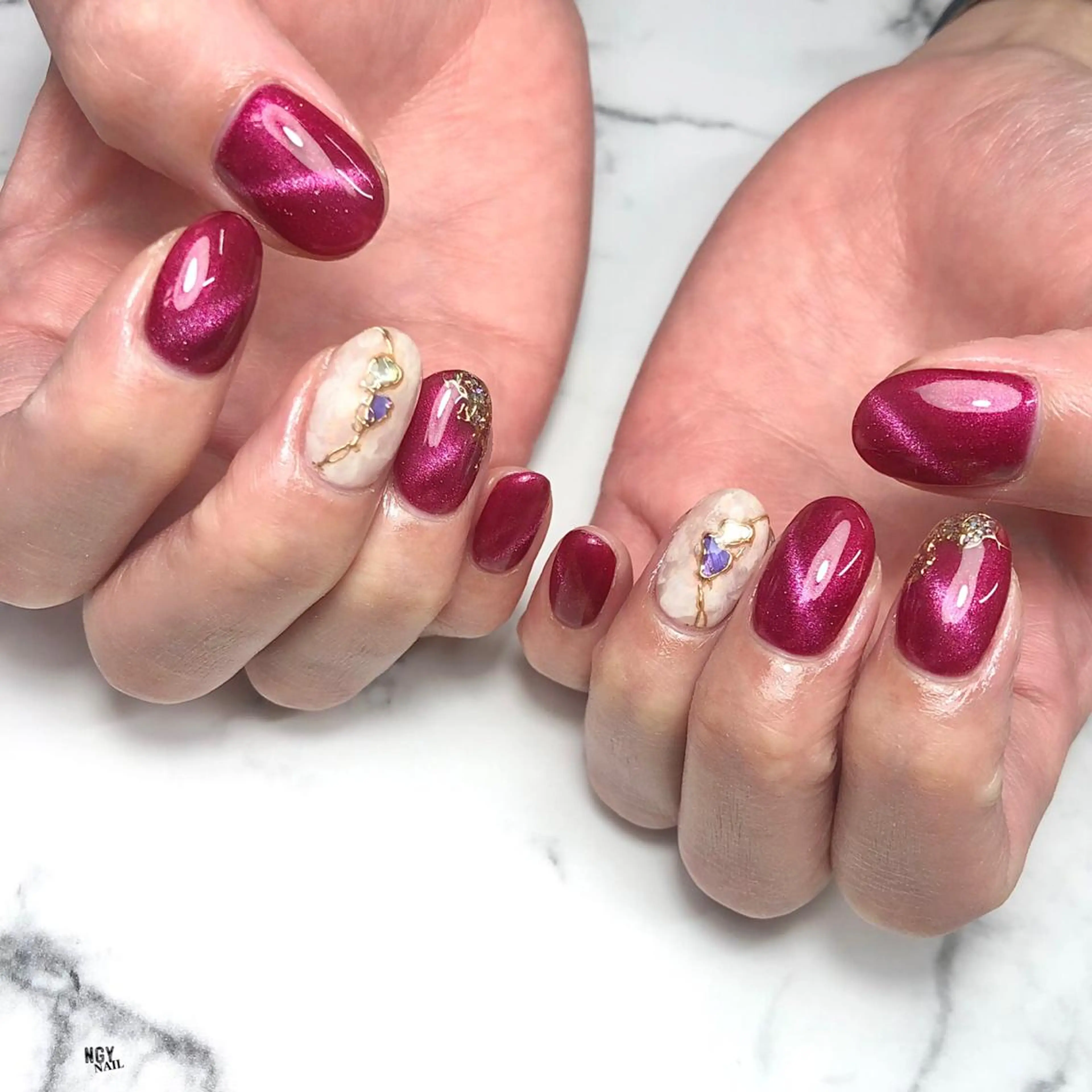 ネイル アートネイル ボルドー ジェルネイル 氷ネイル・うるうるネイル 韓国ネイル NAIL NOWのネイルデザイン