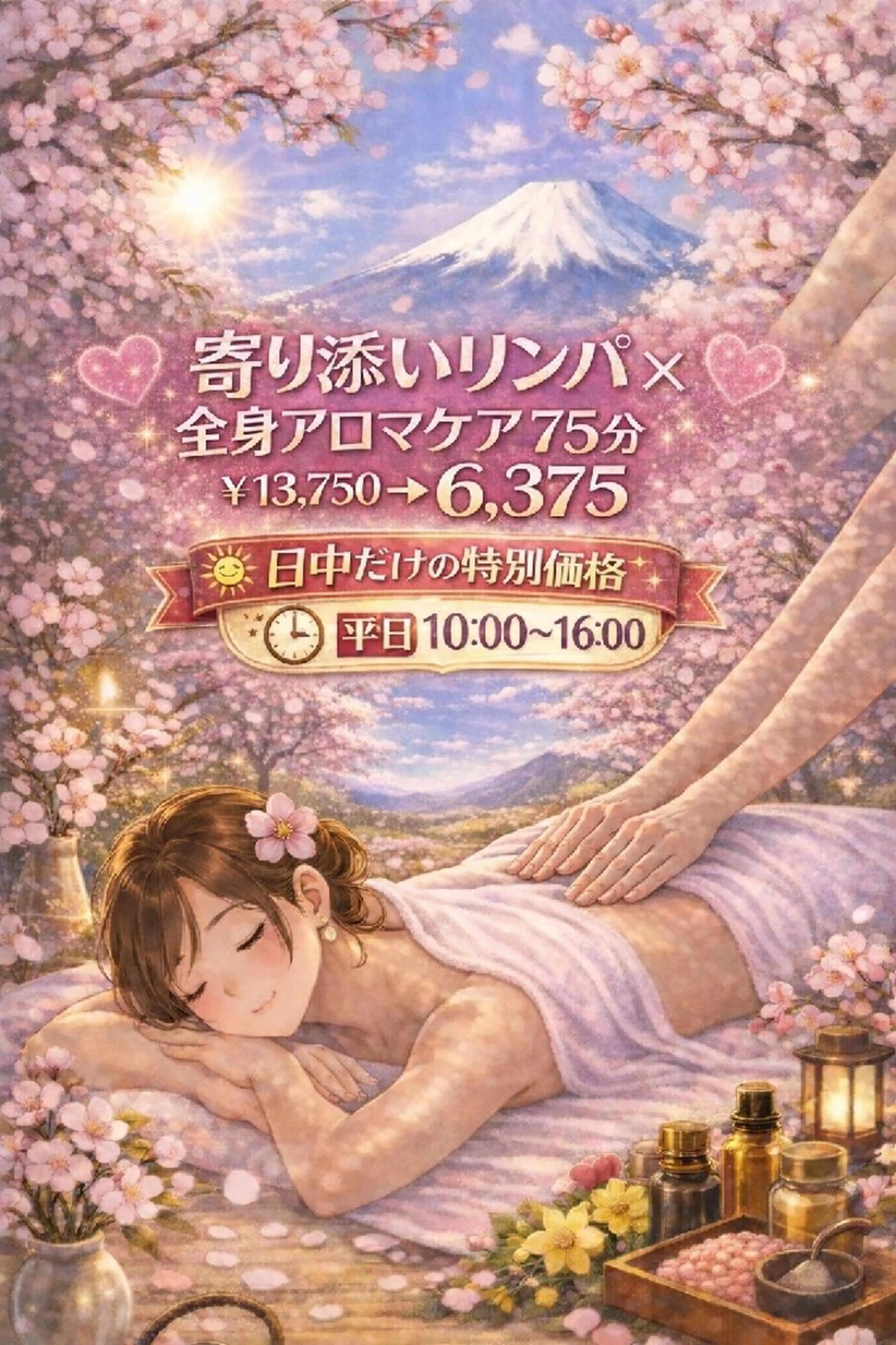 【🌄平日お昼10～16限定🌄】💖寄り添いリンパ×全身アロマケア💖75分￥13,750→￥5,500の写真