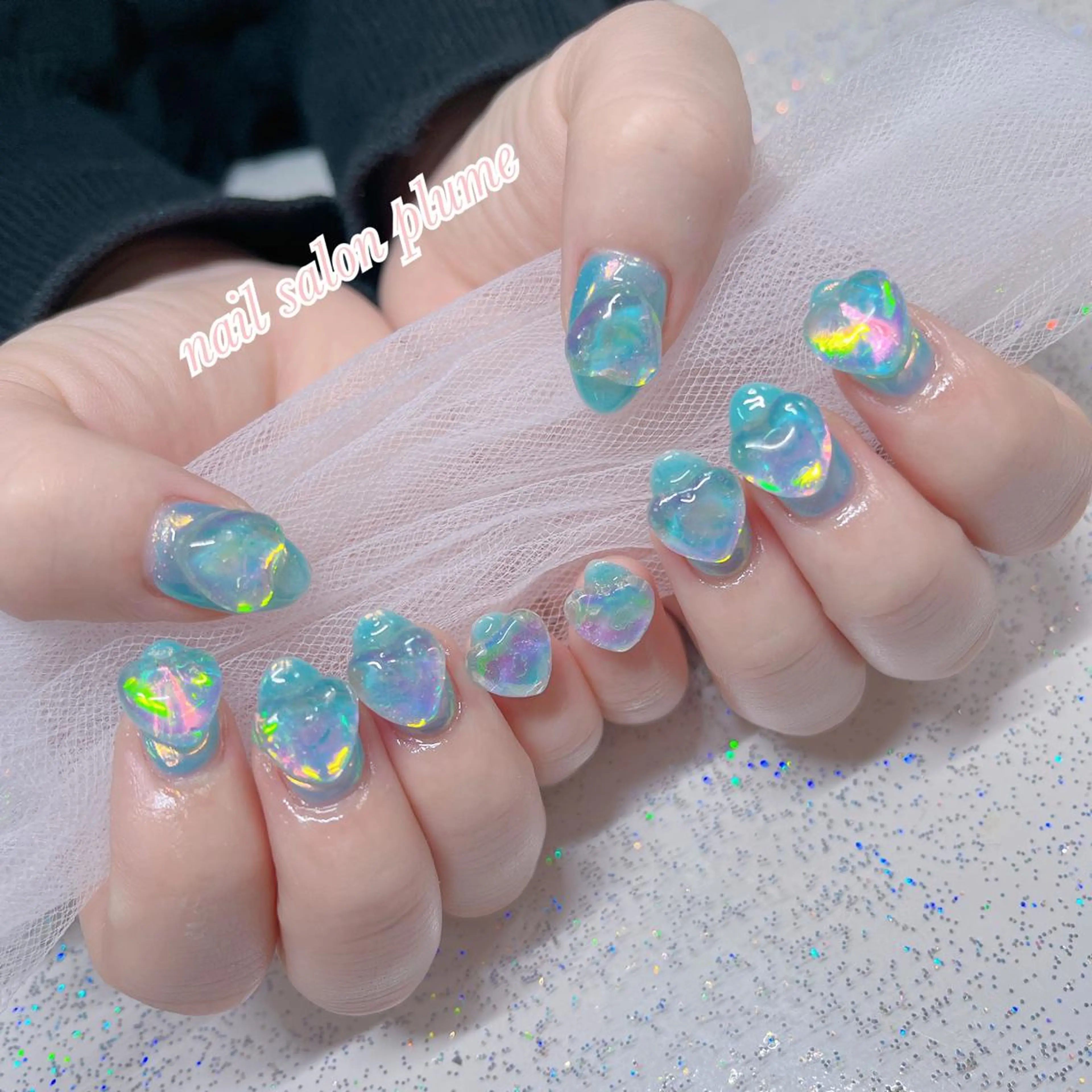 ネイル アートネイル オーロラネイル ブルー クリアネイル ガーリー ハンドネイル plume nail ☆韓国ネイルのネイルデザイン