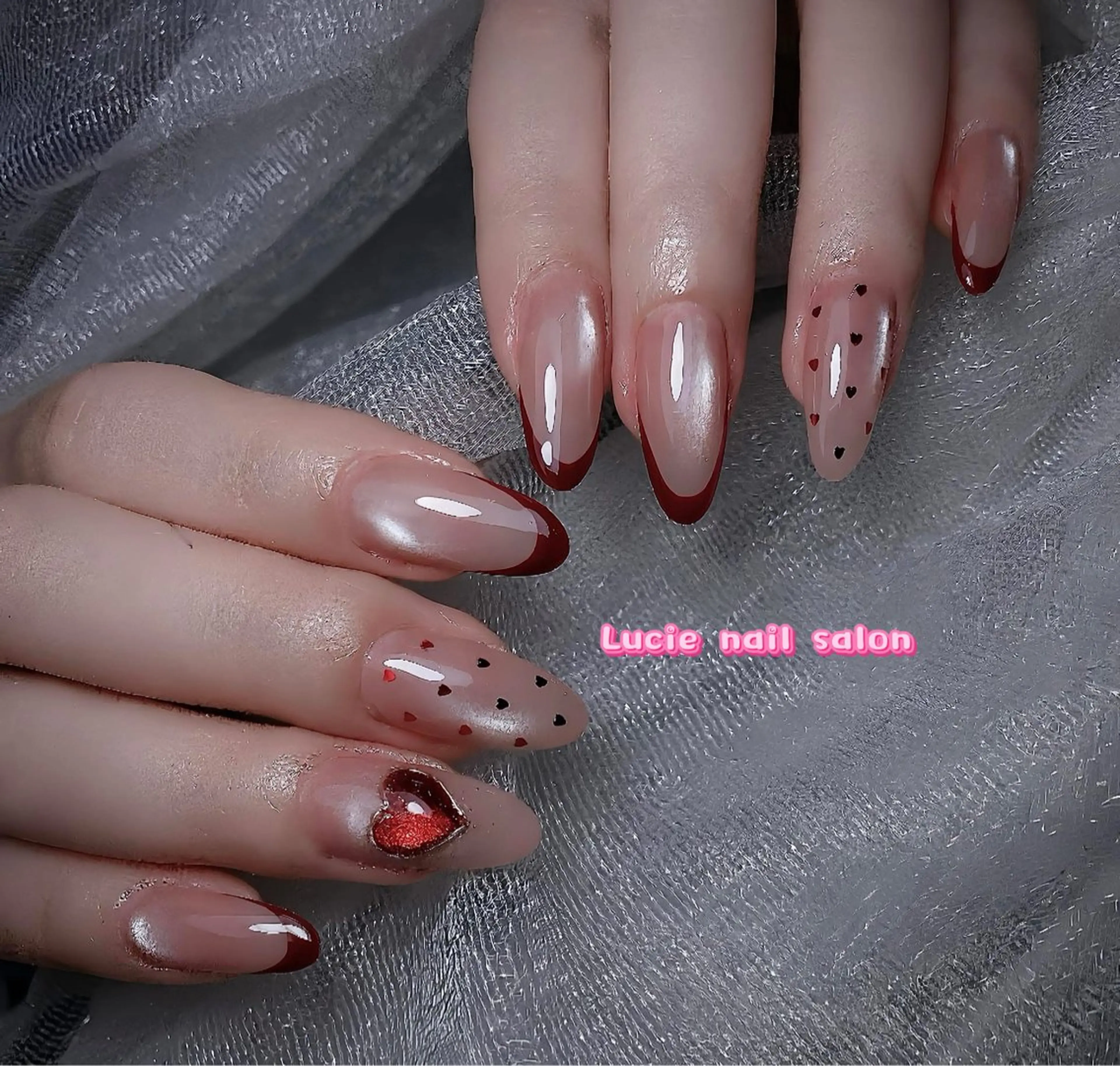 ネイル ボルドー チークネイル 成人式 フレンチネイル キラキラネイル ハンドネイル LUCIE NAIL SALON所属・LU CIEのネイルデザイン