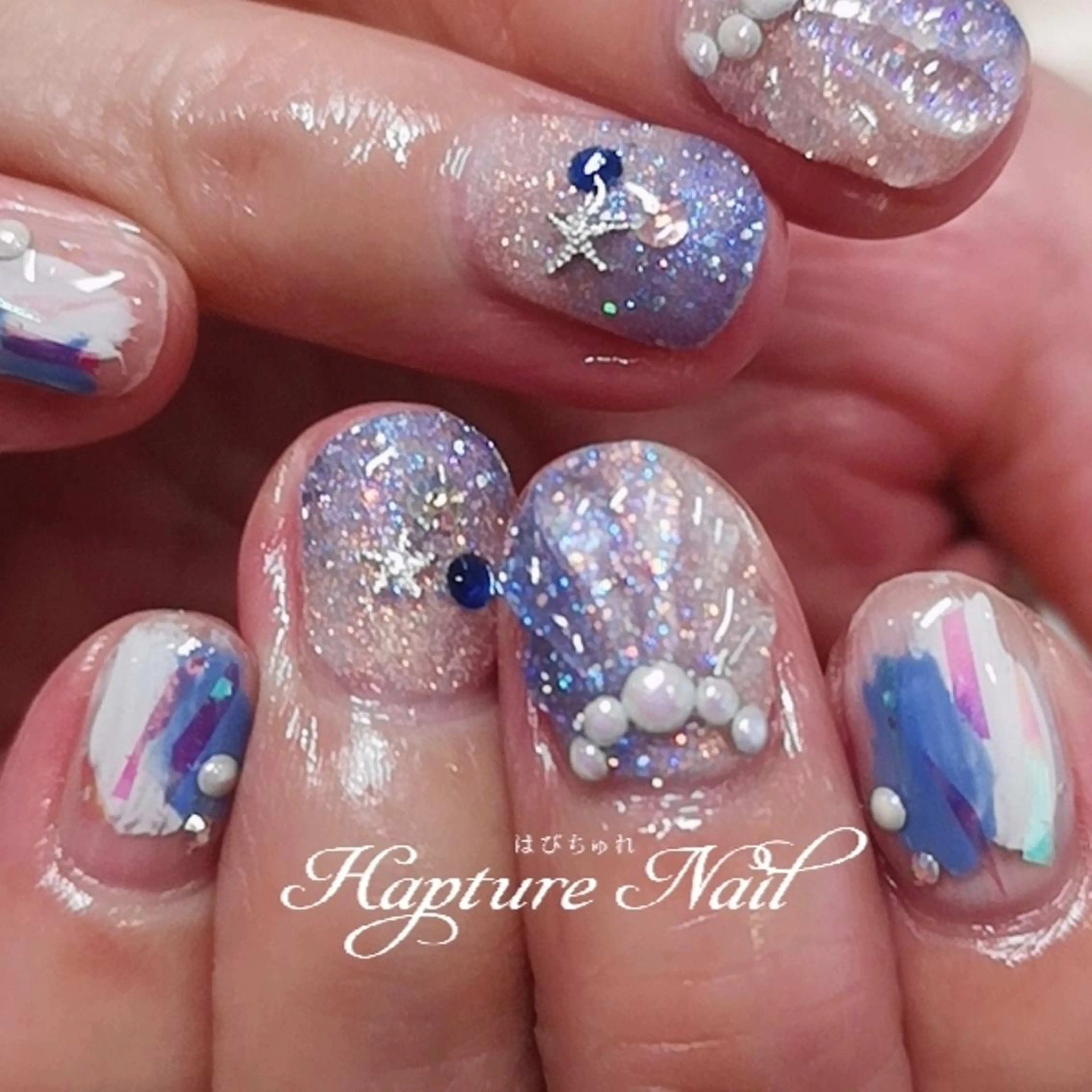 ネイル アートネイル ブルー クリアネイル グラデーション キラキラネイル m- Hiroのネイルデザイン