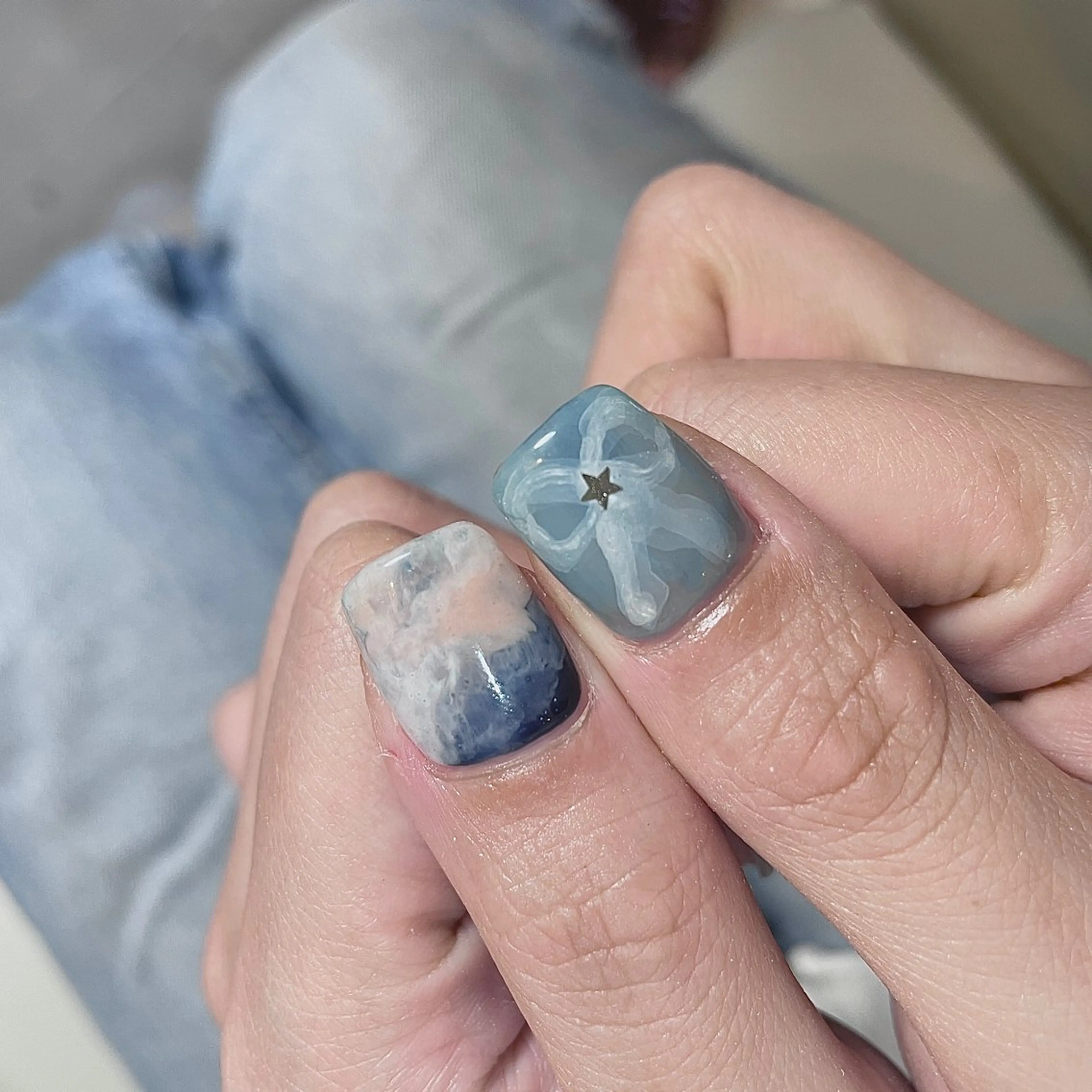 ネイル ブルー 韓国ネイル 大理石ネイル(マーブル) リボン スクエアネイル ハンドネイル acs.n所属・ネイル，耳つぼ 風間すみれのその他イメージ