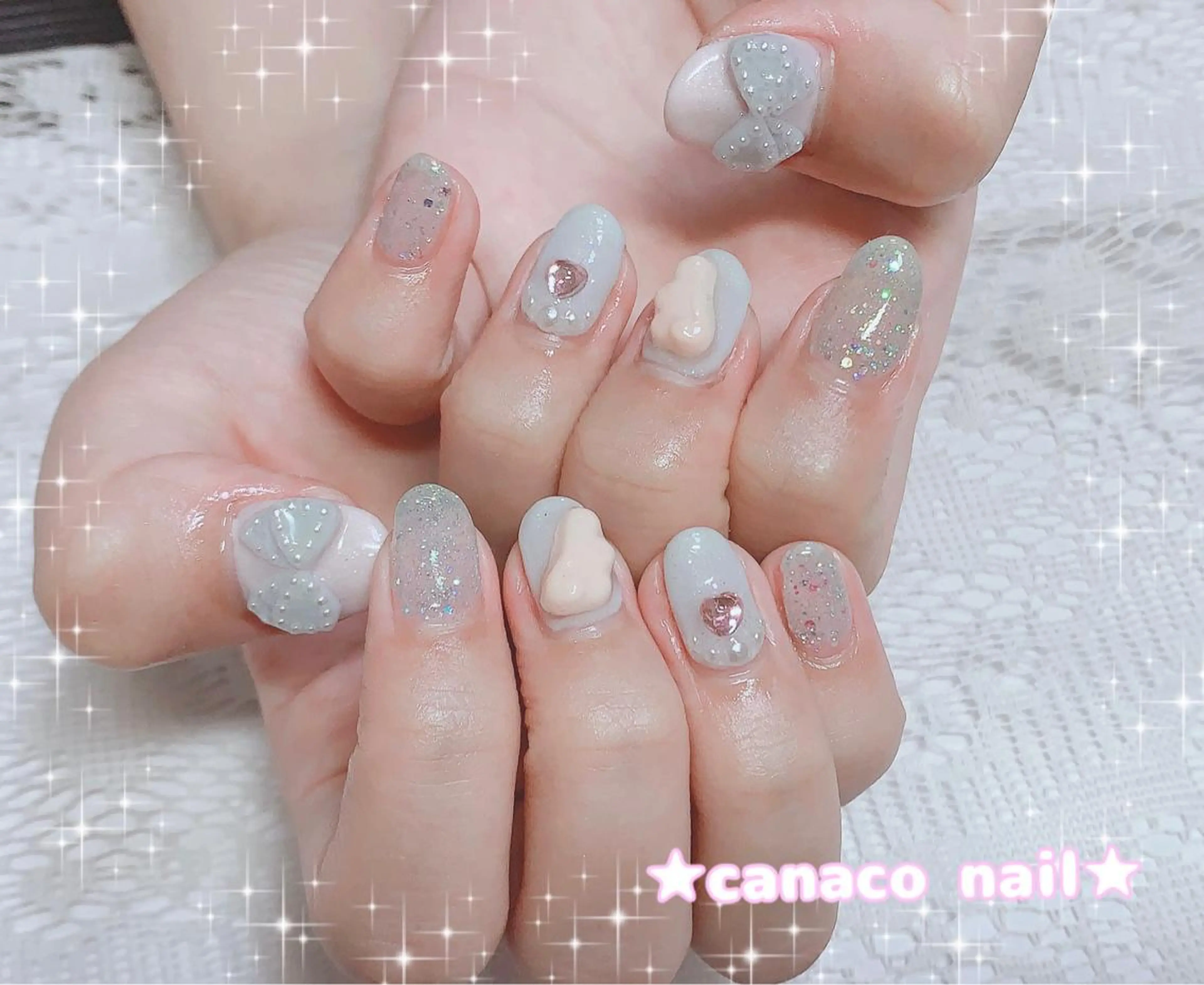 ネイル アートネイル ジェルネイル パラジェル リボン ストーンネイル ハンドネイル ハンドケア Felice所属・ベテランネイル cnc  nailのネイルデザイン