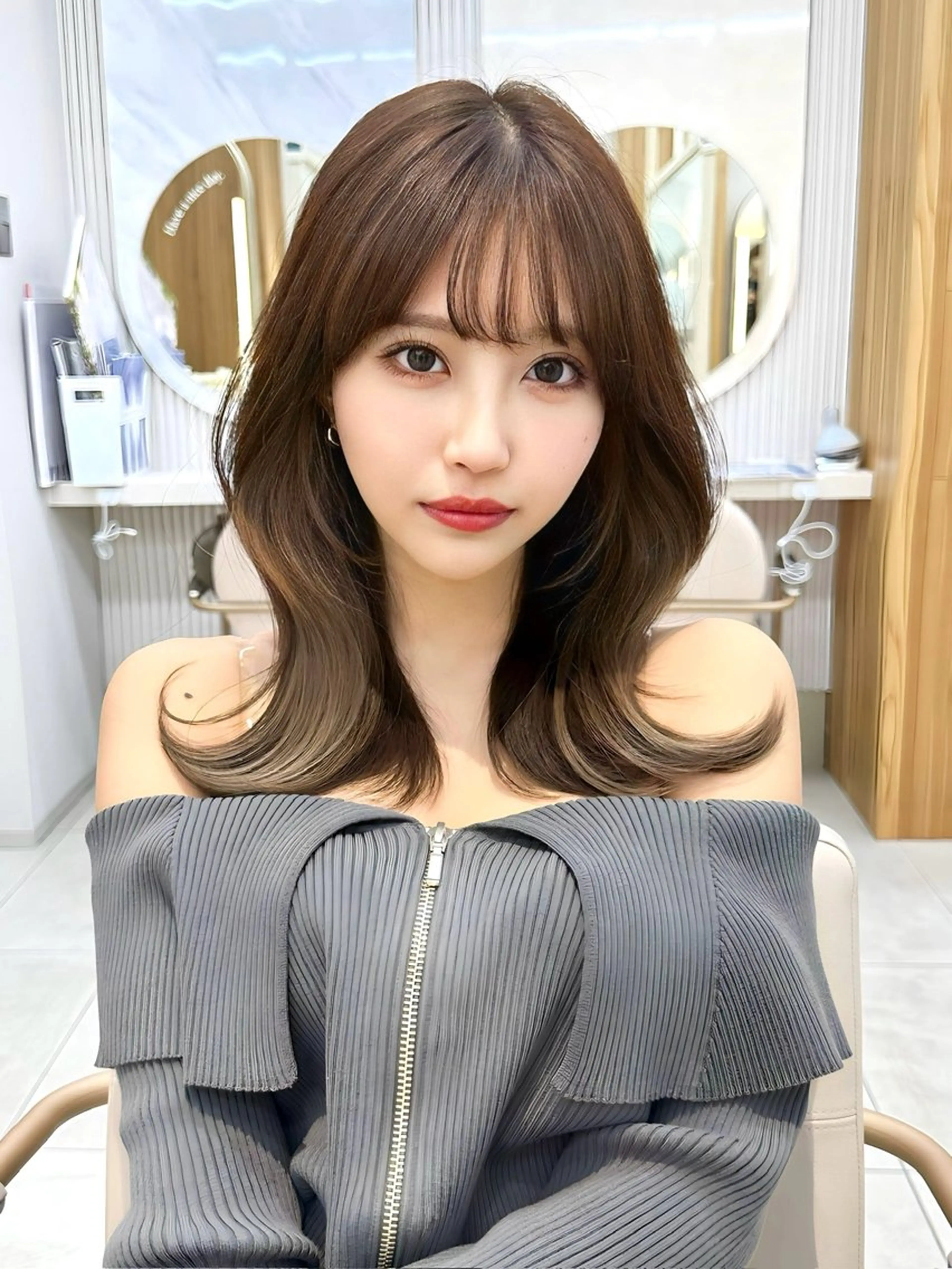 ミディアム カラー くびれヘア レイヤーカット カット ヘアカラー トリートメント 顔周り特化/韓国ヘア /レイヤー/吉野幸大のヘアスタイル