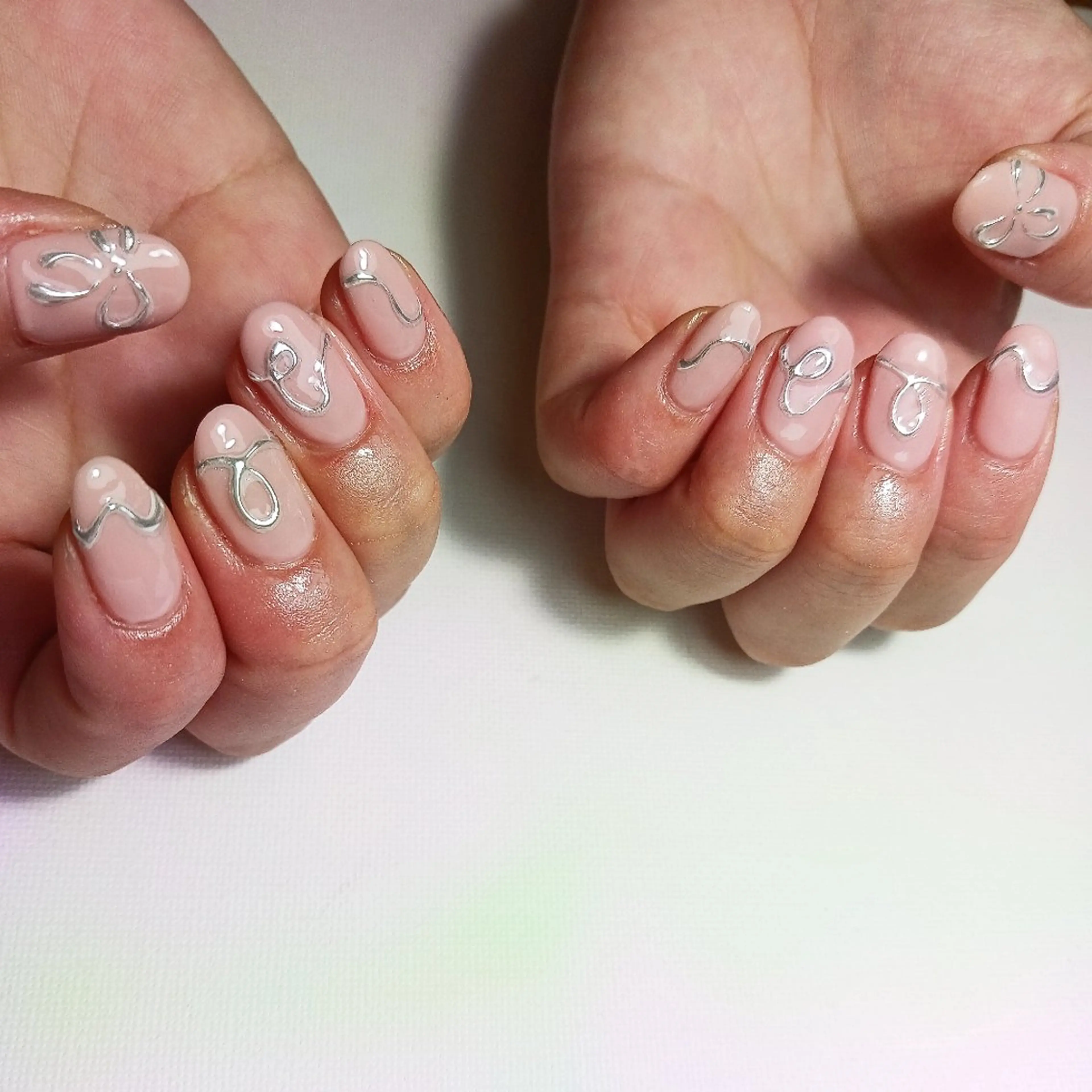 ネイル ジェルネイル 持ち込み ピンク ピンクベージュ リボン ハンドネイル owlnail /持込みデザイン専門のネイルデザイン