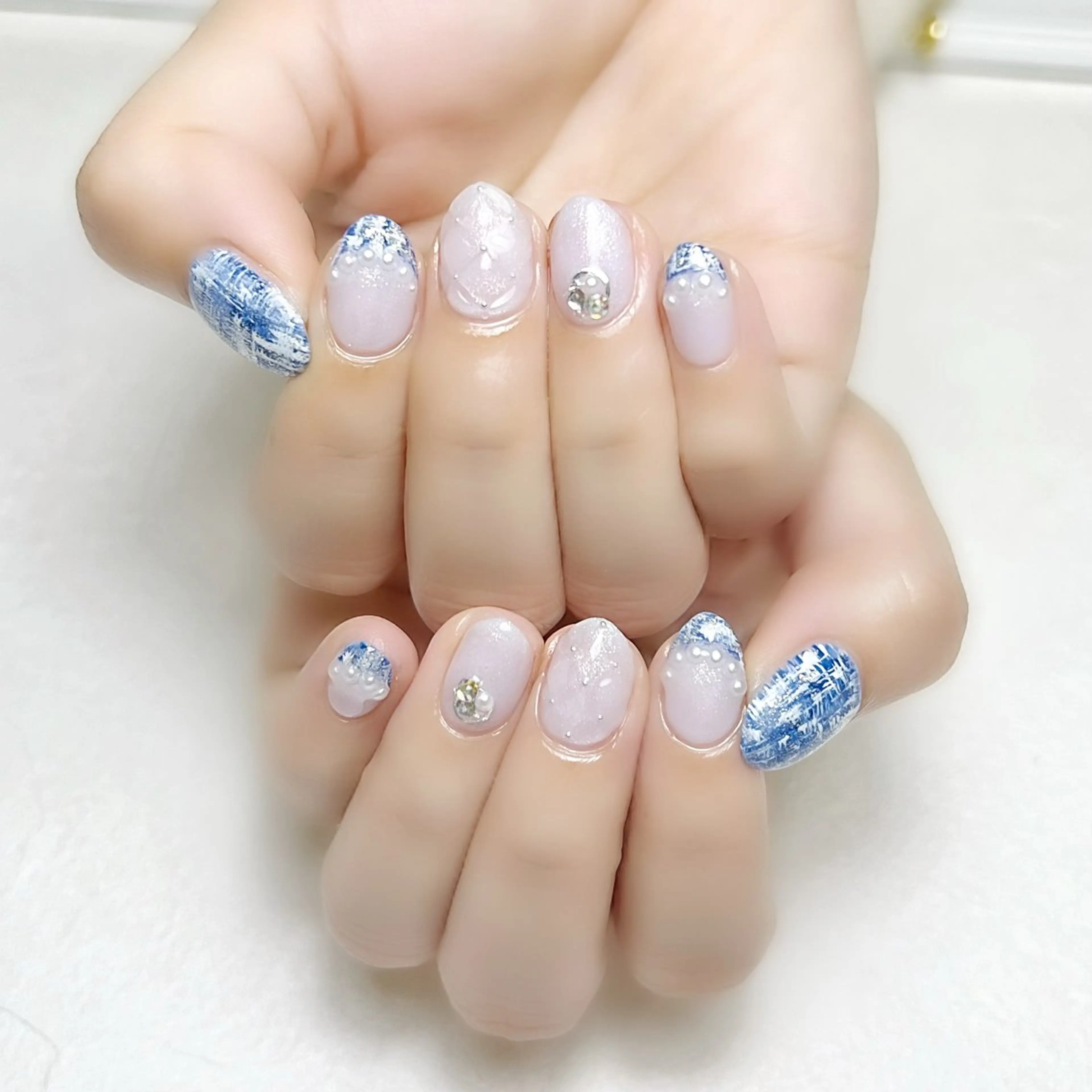ネイル ブルー フレンチネイル ラメ(グリッター) ツイードネイル ワンホンネイル rouse nail RISATOのネイルデザイン