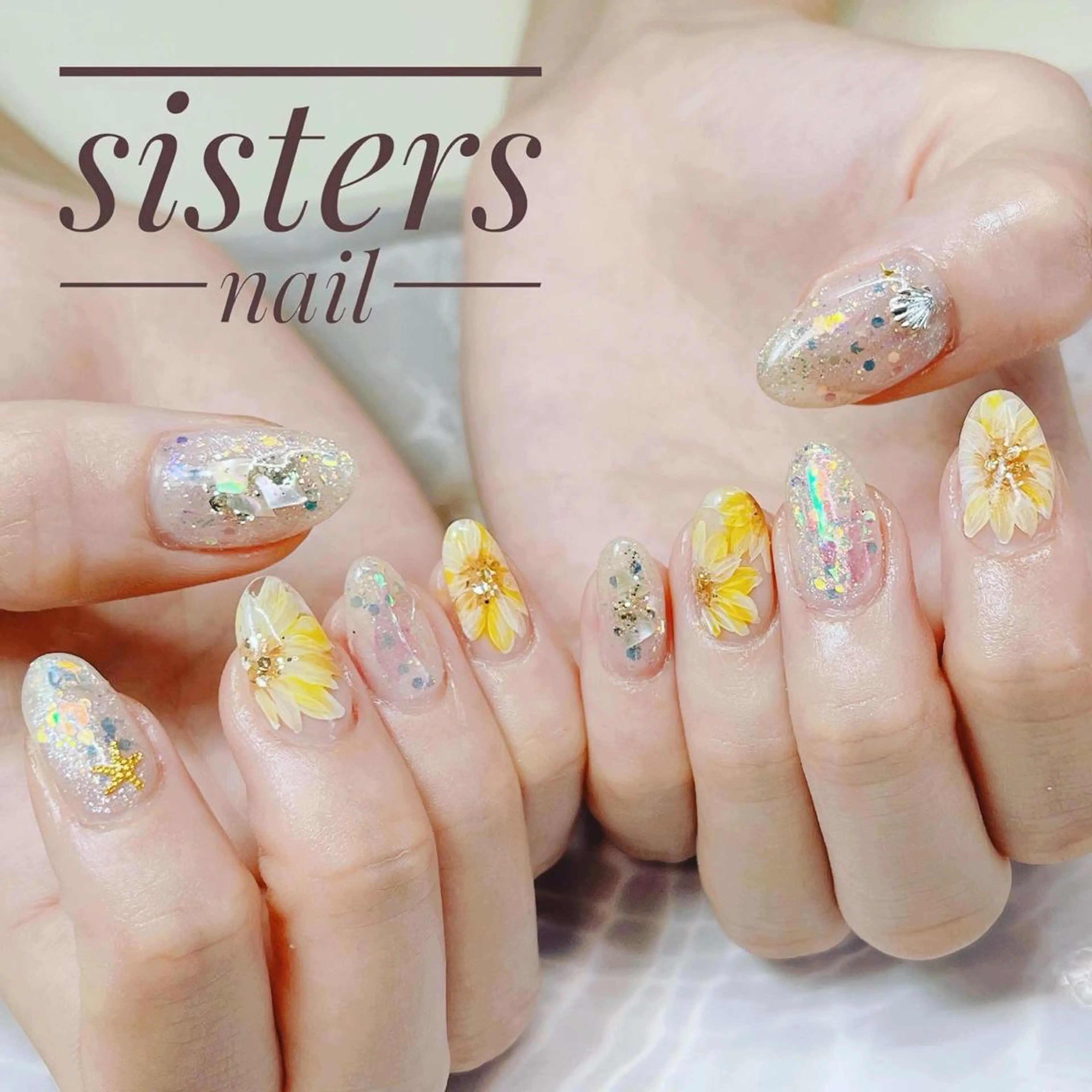 ネイル アートネイル オーロラネイル クリアネイル フラワーネイル キラキラネイル ハンドネイル ハンドケア sisters nail.fのネイルデザイン