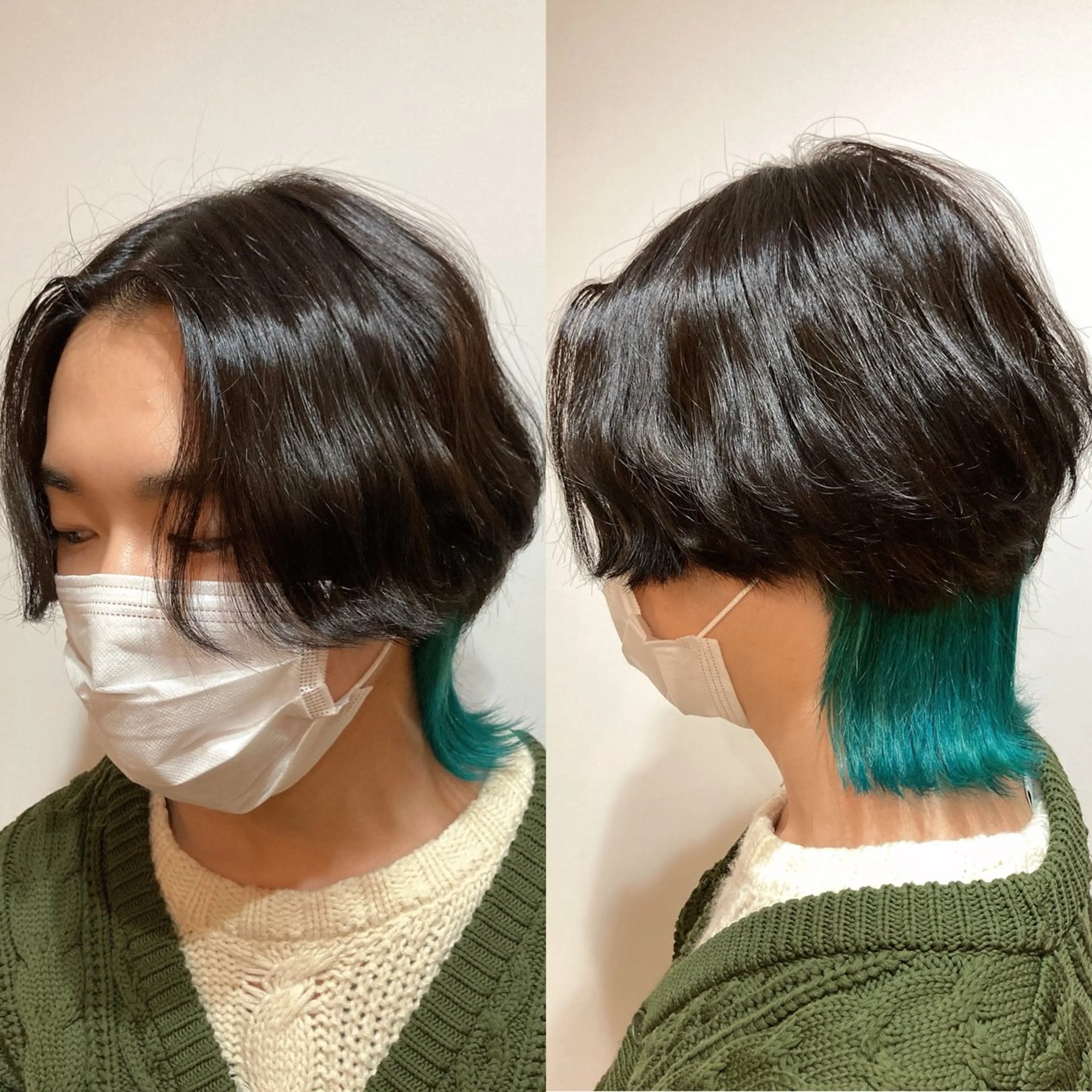 ミディアム カラー メンズ メンズブリーチ メンズウルフカット ブリーチ エメラルドグリーン ウルフカット 山本 将史のヘアスタイル