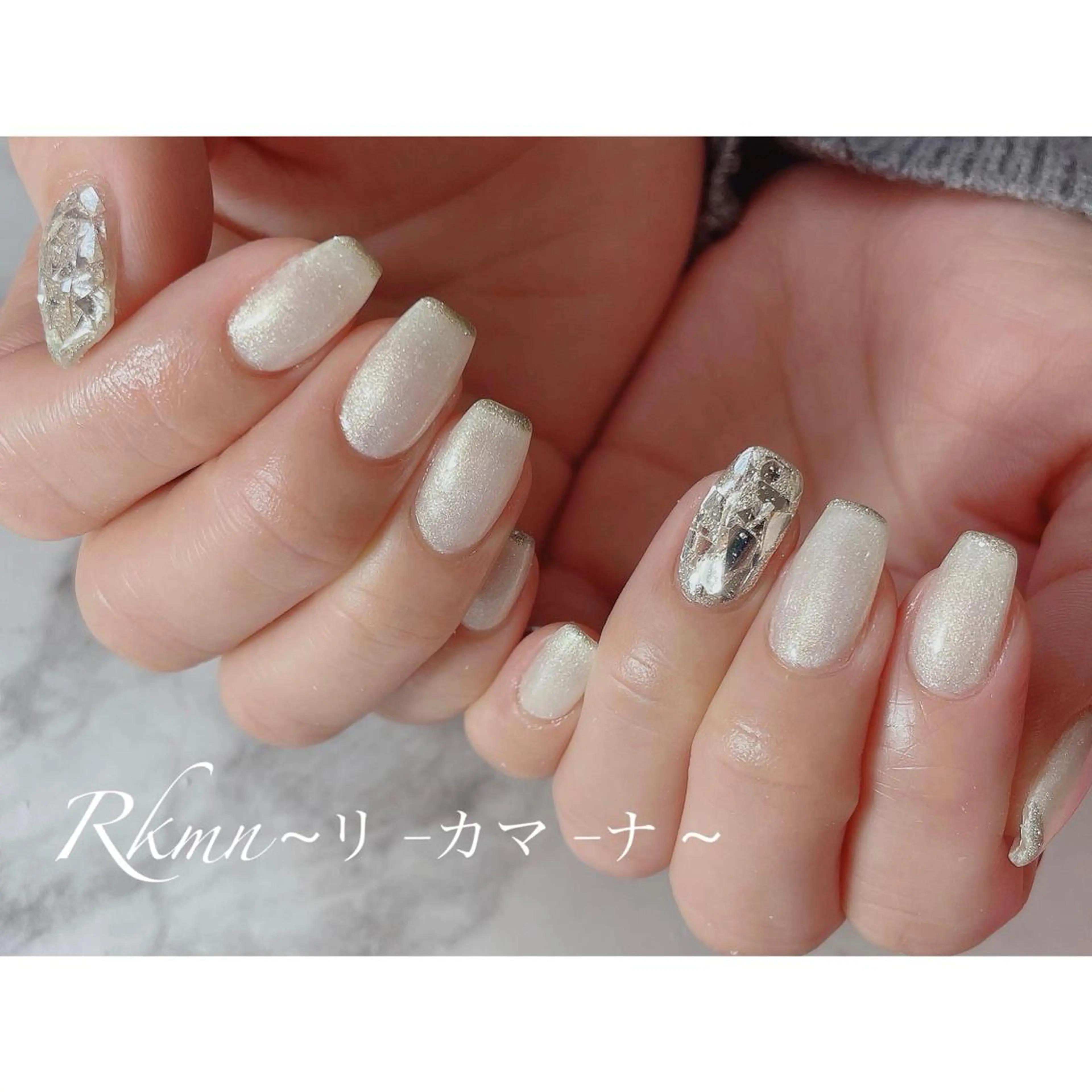 ネイル アートネイル ラメ(グリッター) 春ネイル スクエアネイル ホワイト ハンドネイル フットネイル ハンドケア Rkmn ~リ-カマ-ナ~のネイルデザイン