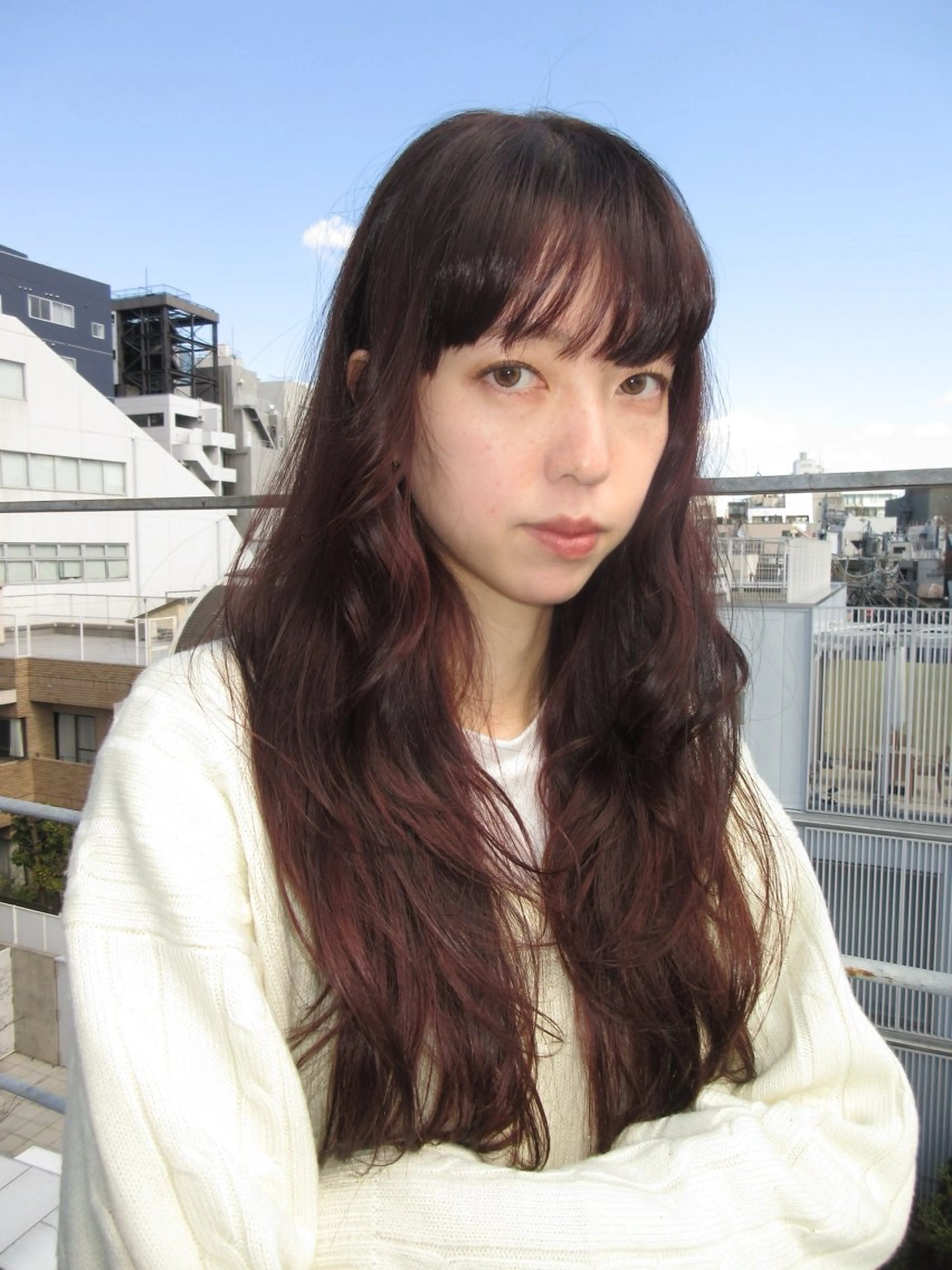 ロング アッシュ オレンジブラウン 顔まわりレイヤー ハッシュカット 韓国風ヘア カット ヘアカラー レイヤーカット\ウル フ　chinatsuのヘアスタイル