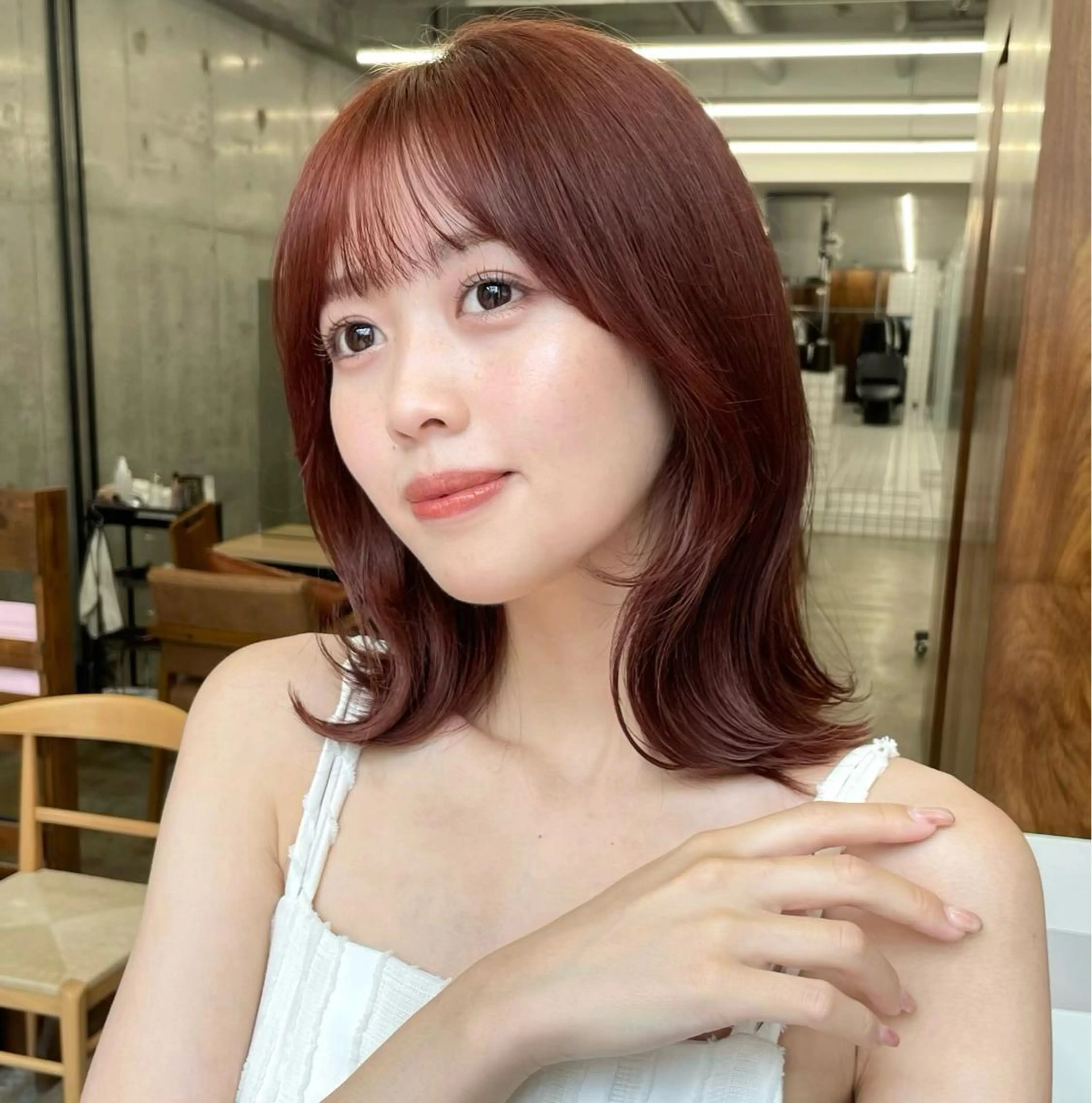 ミディアム カラー ブラウンカラー オレンジ オレンジブラウン 盛れる顔周り /透明感/かりん🎀のヘアスタイル