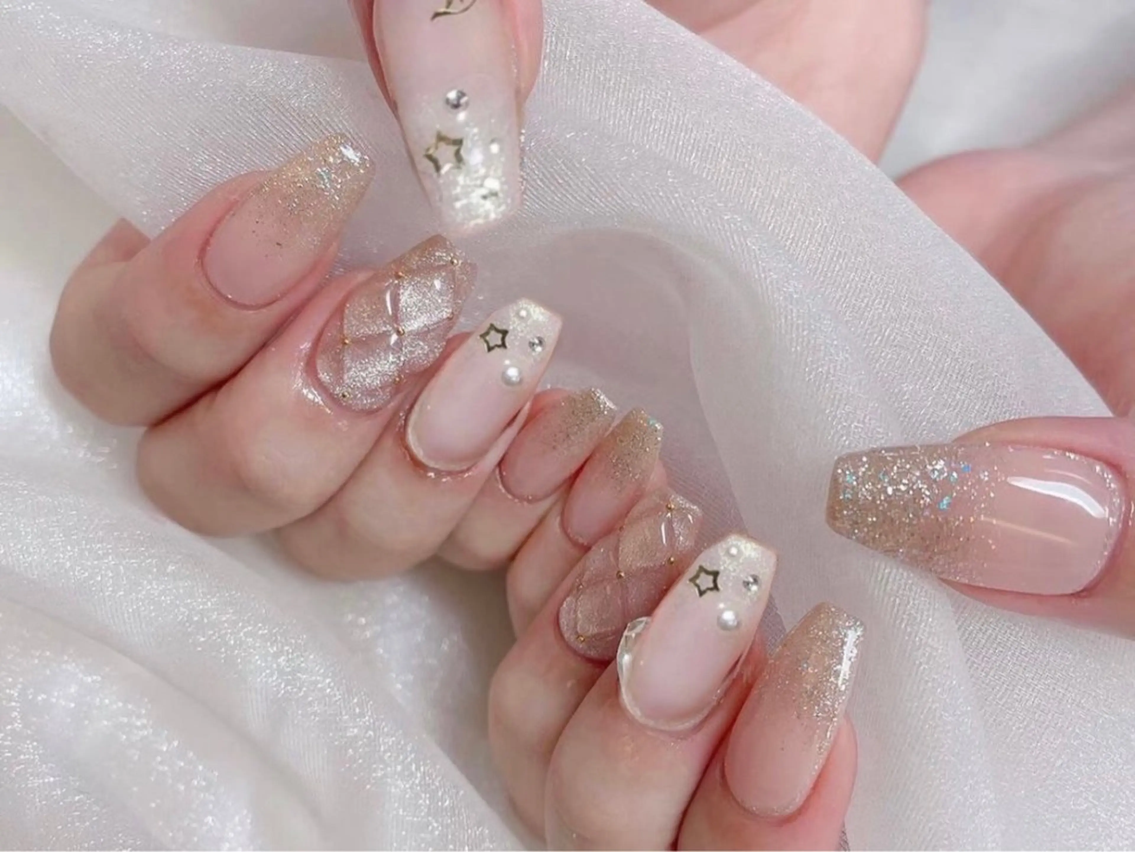 ネイル 長さ出し ジェルネイル キラキラネイル 大理石ネイル(マーブル) ニュアンスネイル Morpho nailのネイルデザイン