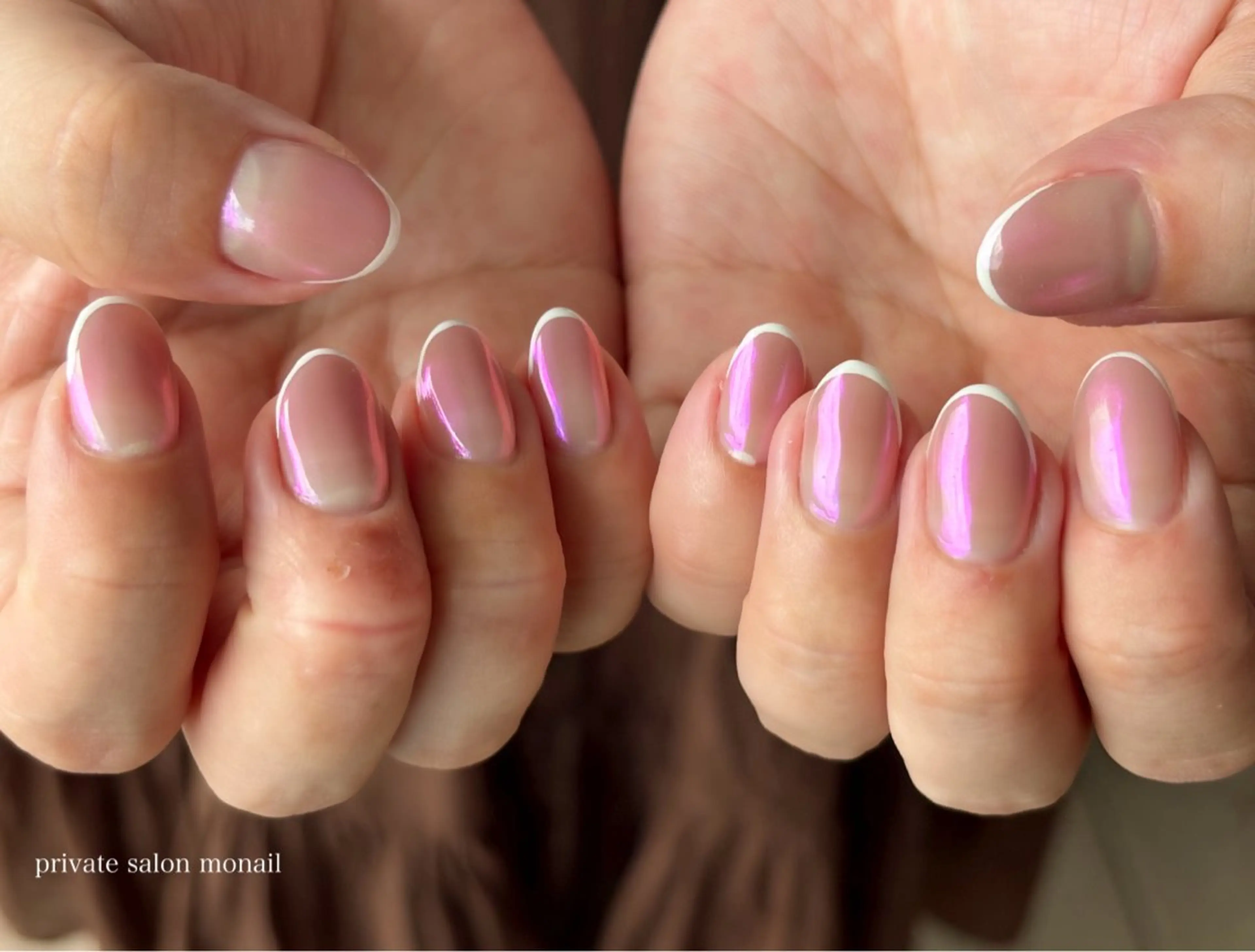 ネイル オーロラネイル フレンチネイル グラデーション ピンク ハンドネイル private nail monail所属・nail salon monailのネイルデザイン