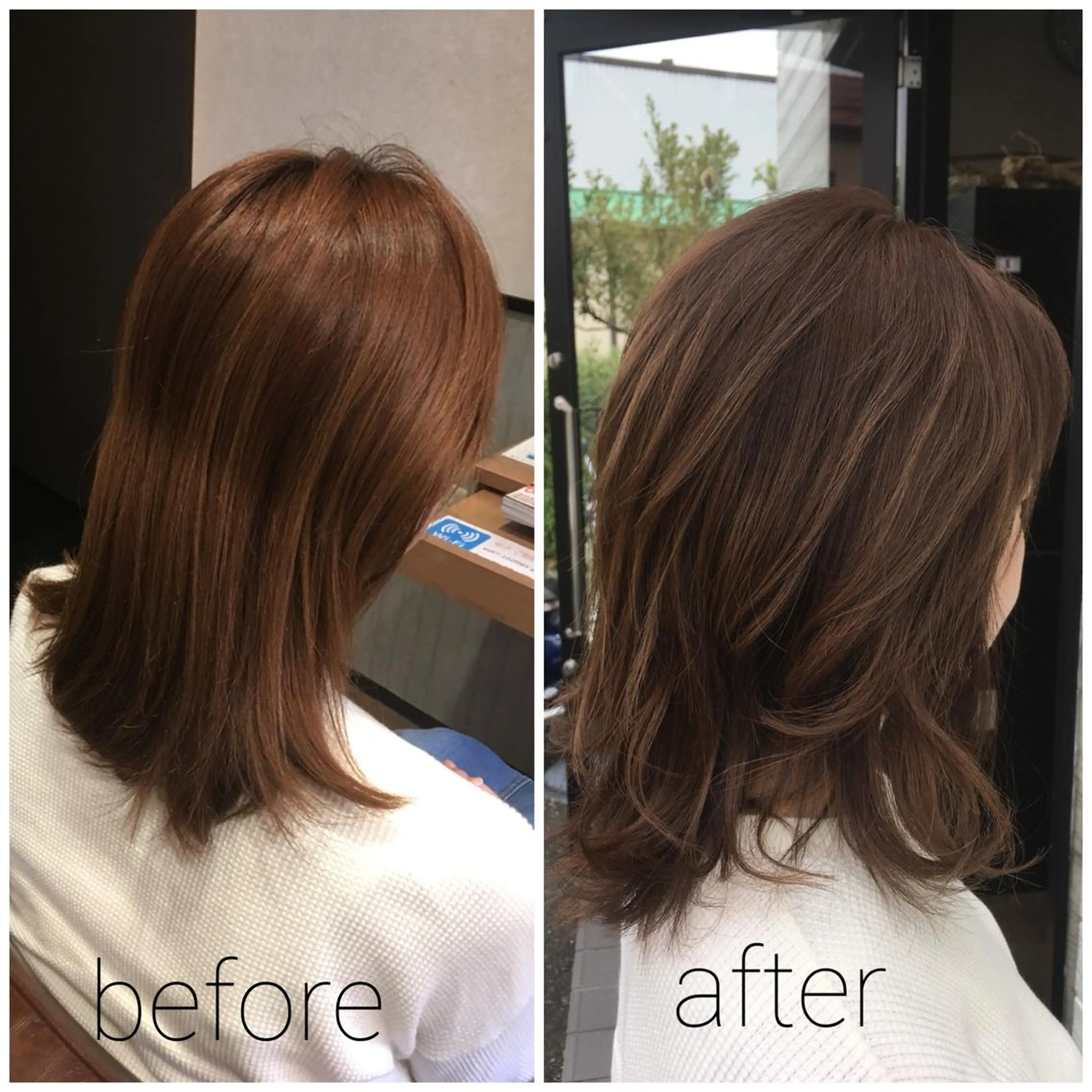 セミロング カラー アッシュ オレンジ ビヨウシツトリコ よねたにみなのヘアスタイル