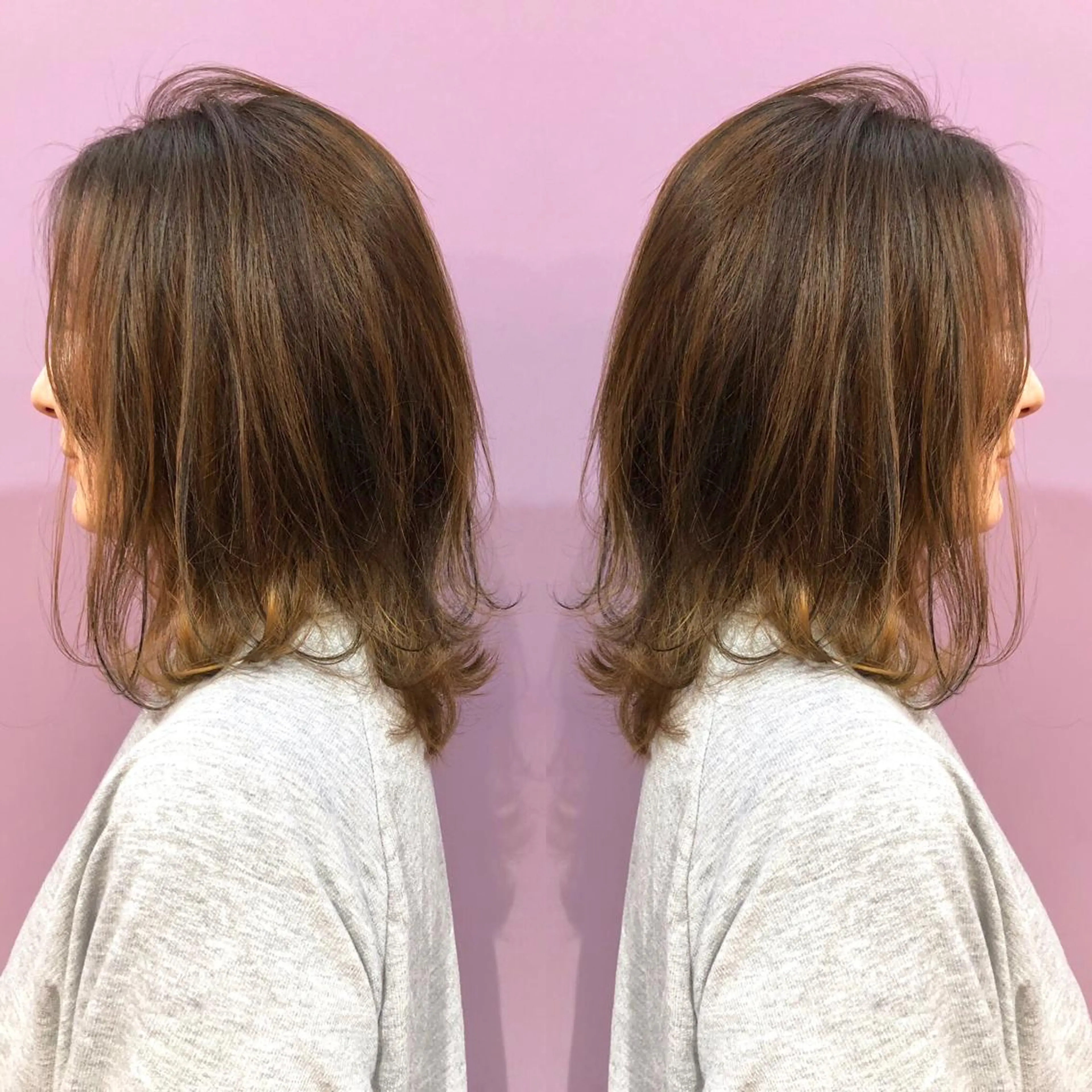 ミディアム カラー パーマ ミディアムレイヤー ハイライトカラー ハイライト レイヤーカット 細川 亮のヘアスタイル