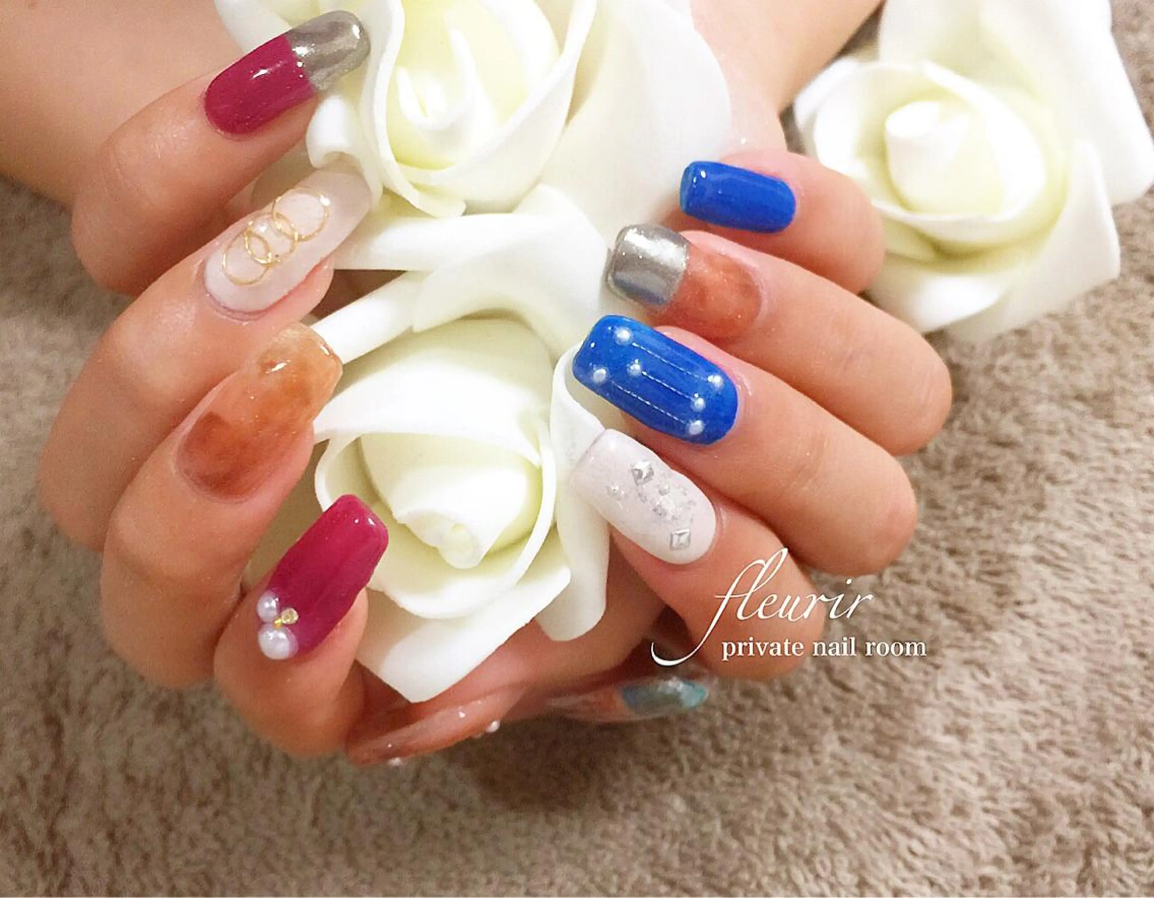 ミディアム ネイル べっ甲ネイル ボルドー ミラーネイル フルリール 【プライベートサロンのネイルデザイン