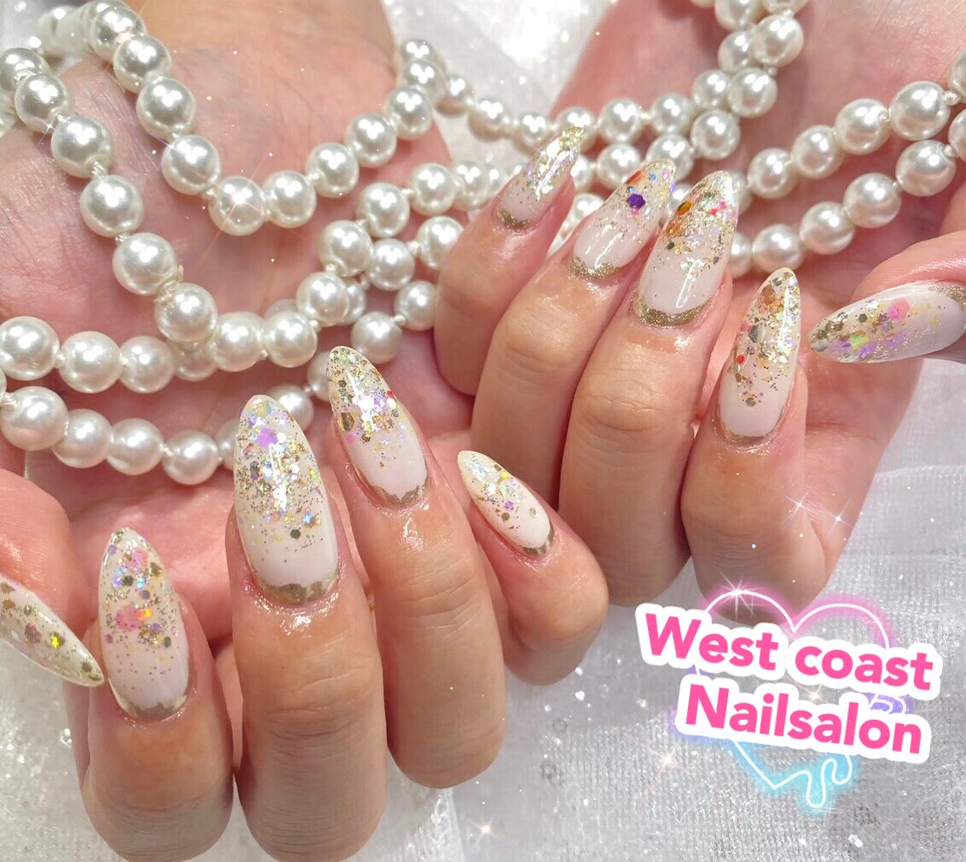 ネイル ハンドネイル リボン、ガーリー パーツ放題専門店のネイルデザイン