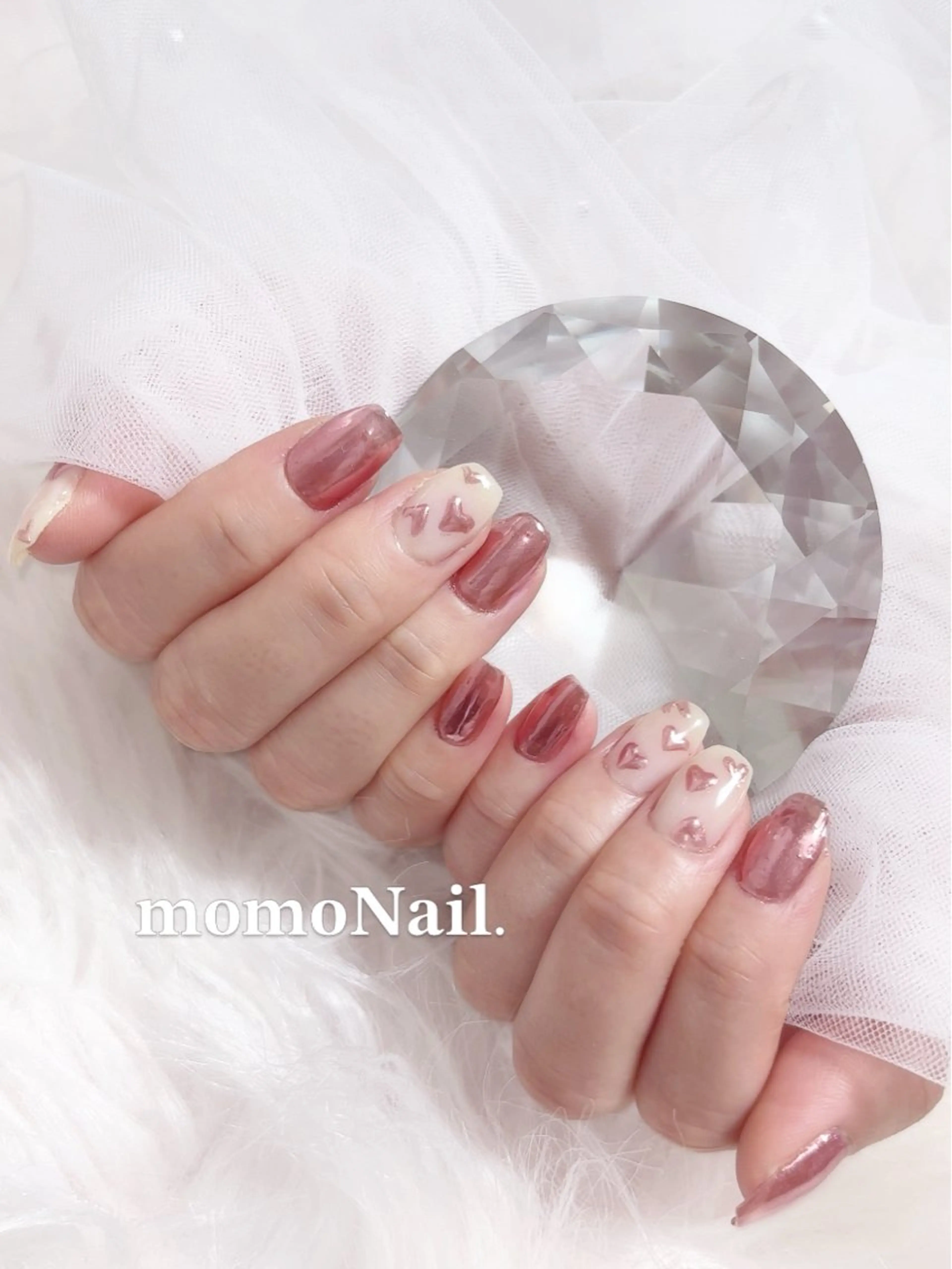 ネイル ハート 韓国ネイル ミラーネイル ピンク ハンドネイル 三郷市戸ヶ崎🎀 momoNail店長のネイルデザイン