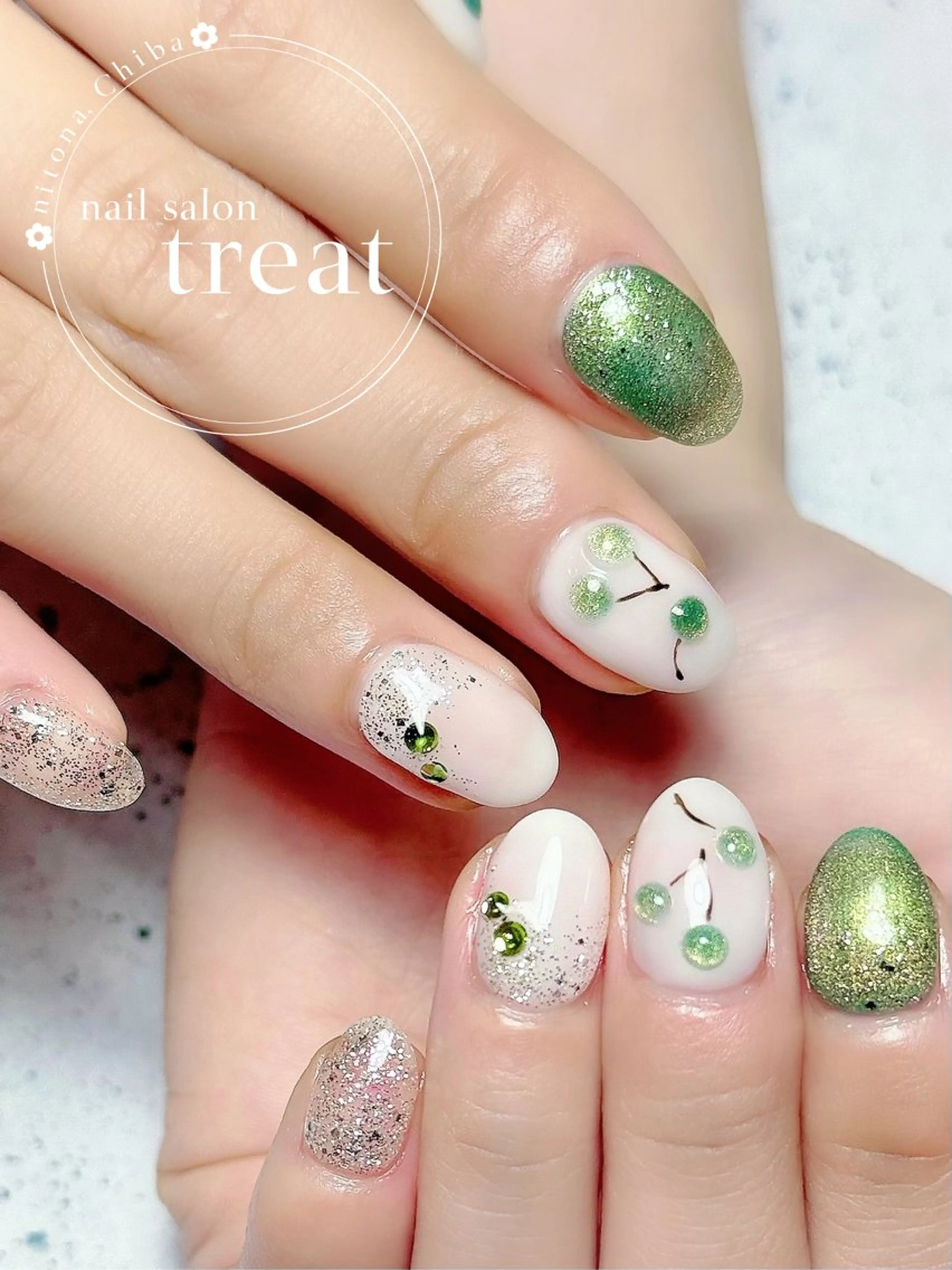 ネイル ジェルネイル グリーン マグネットネイル ぷっくりネイル nail salon treat あいのネイルデザイン
