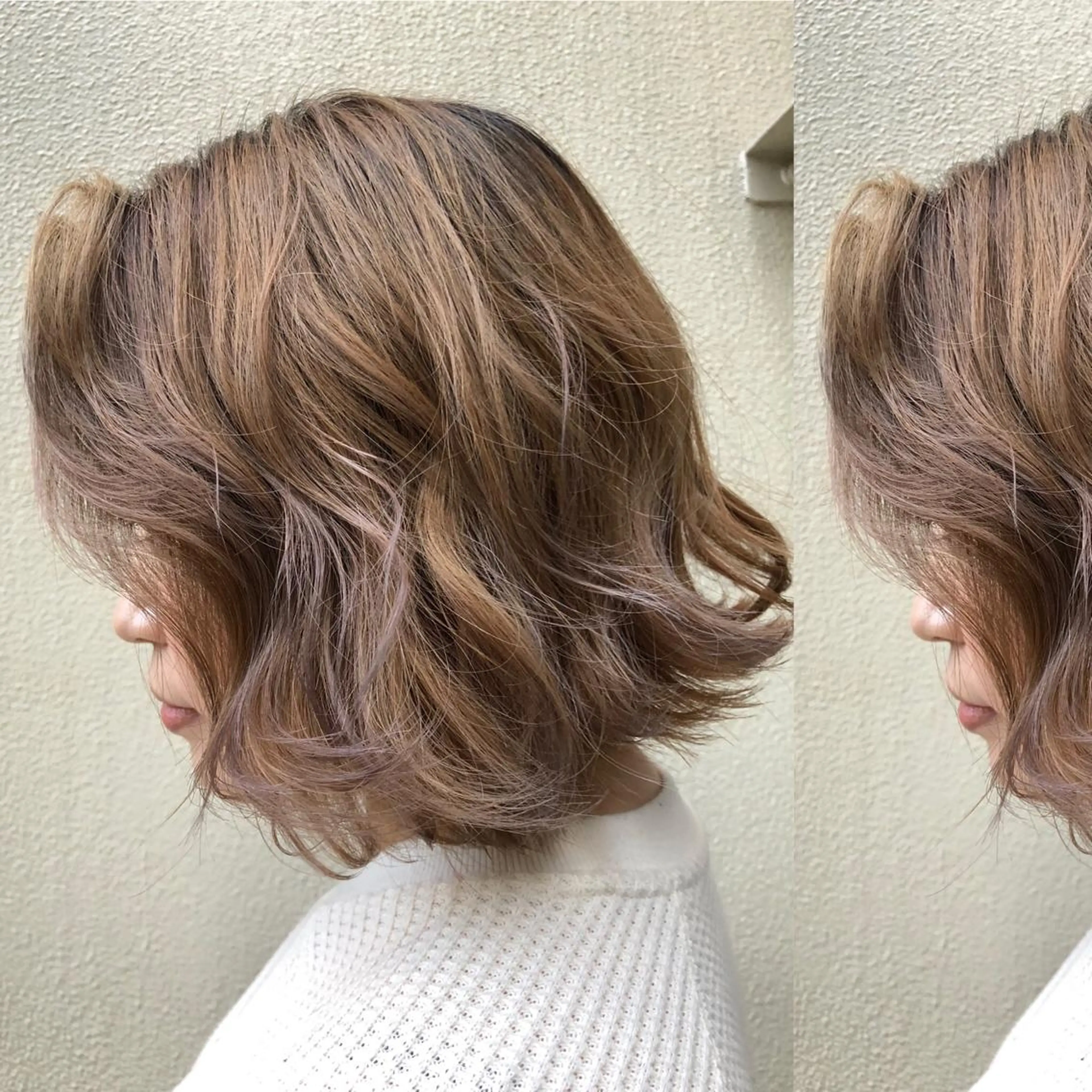 ミディアム カラー ベージュカラー ブリーチ ラベンダーカラー ラベンダーベージュ カット ヘアカラー トリートメント ツキノキ ミナのヘアスタイル