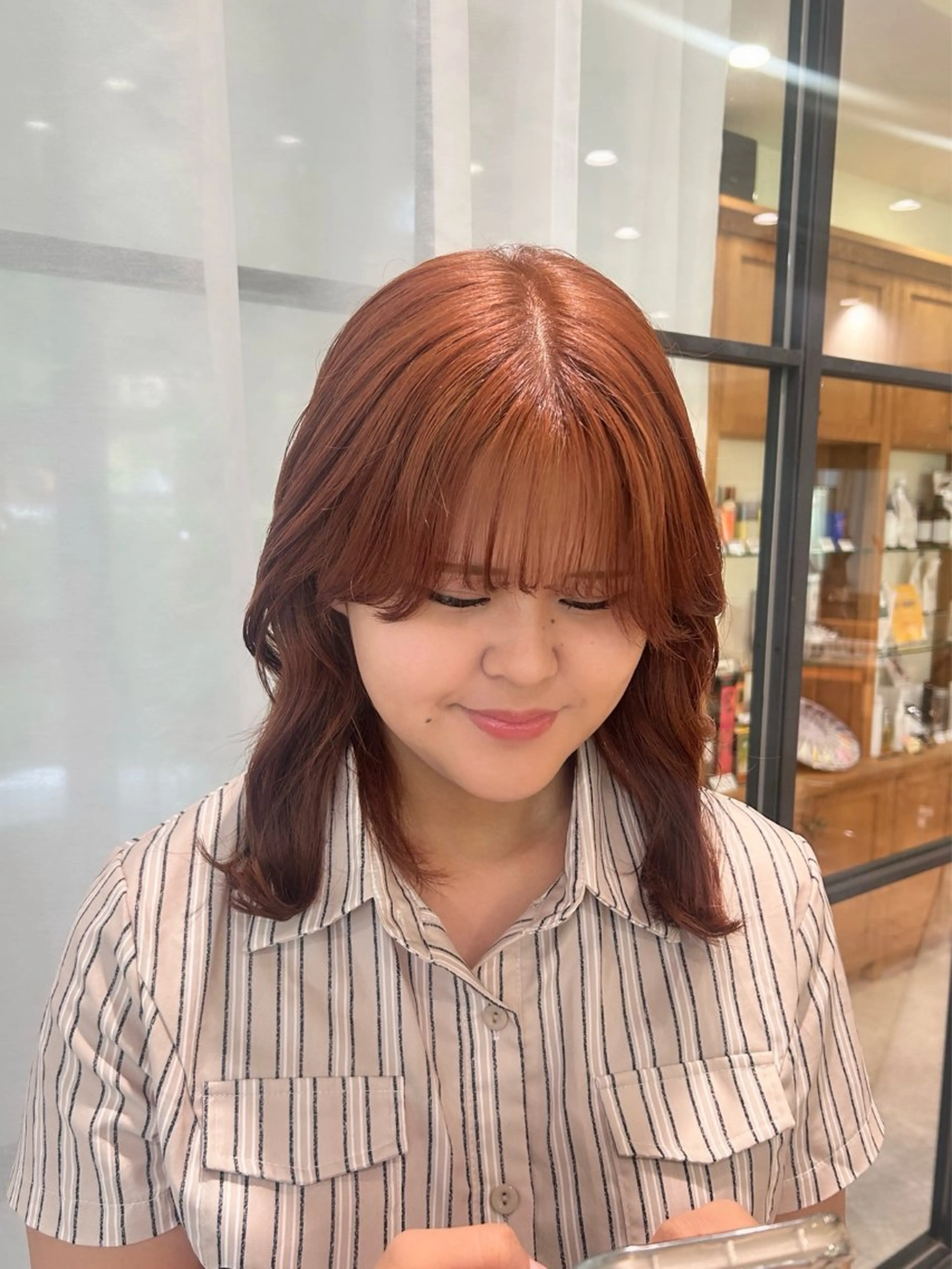 ミディアム カラー ブラウンカラー オレンジ オレンジブラウン カット ヘアカラー Lumier de mashu所属・nana/ボブ/ レイヤー/メンズのヘアスタイル