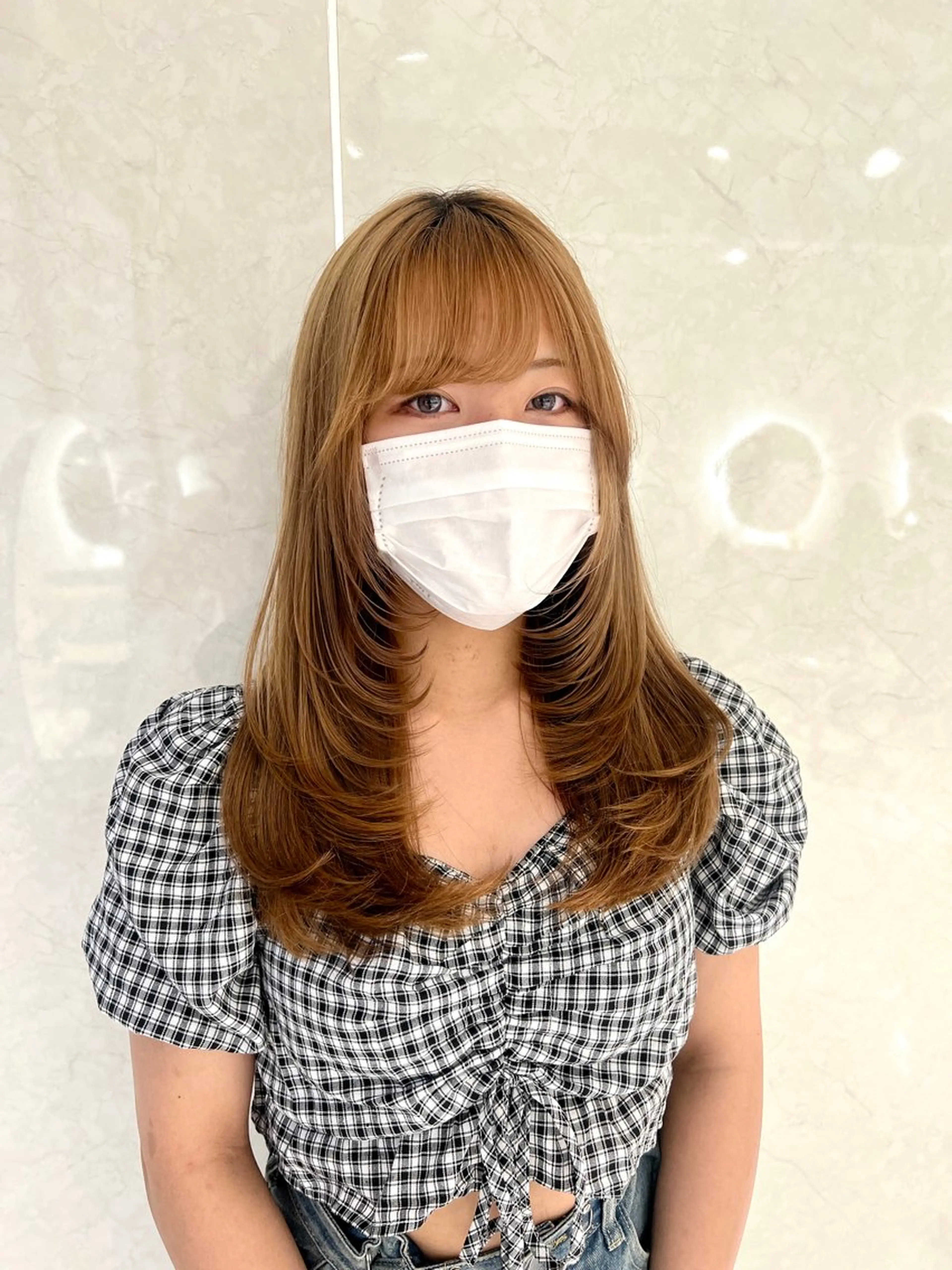 セミロング カラー ヘアアレンジ 韓国風カラー 韓国風ヘア レイヤーカット カット ヘアカラー トリートメント ヘッドスパ ヘアセット 顔まわりカット の達人のヘアスタイル