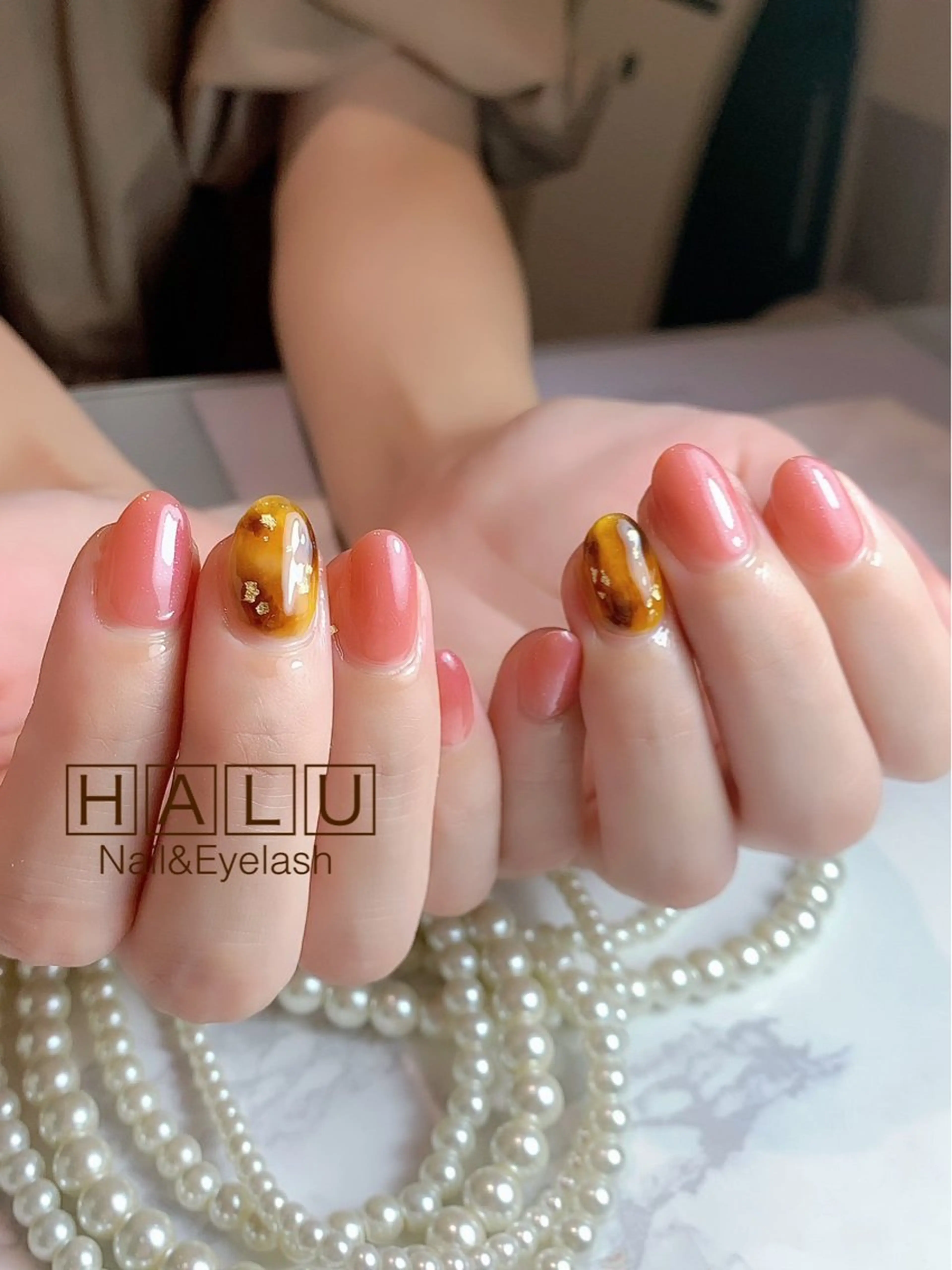ネイル べっ甲ネイル ピンク HALU ハルのネイルデザイン