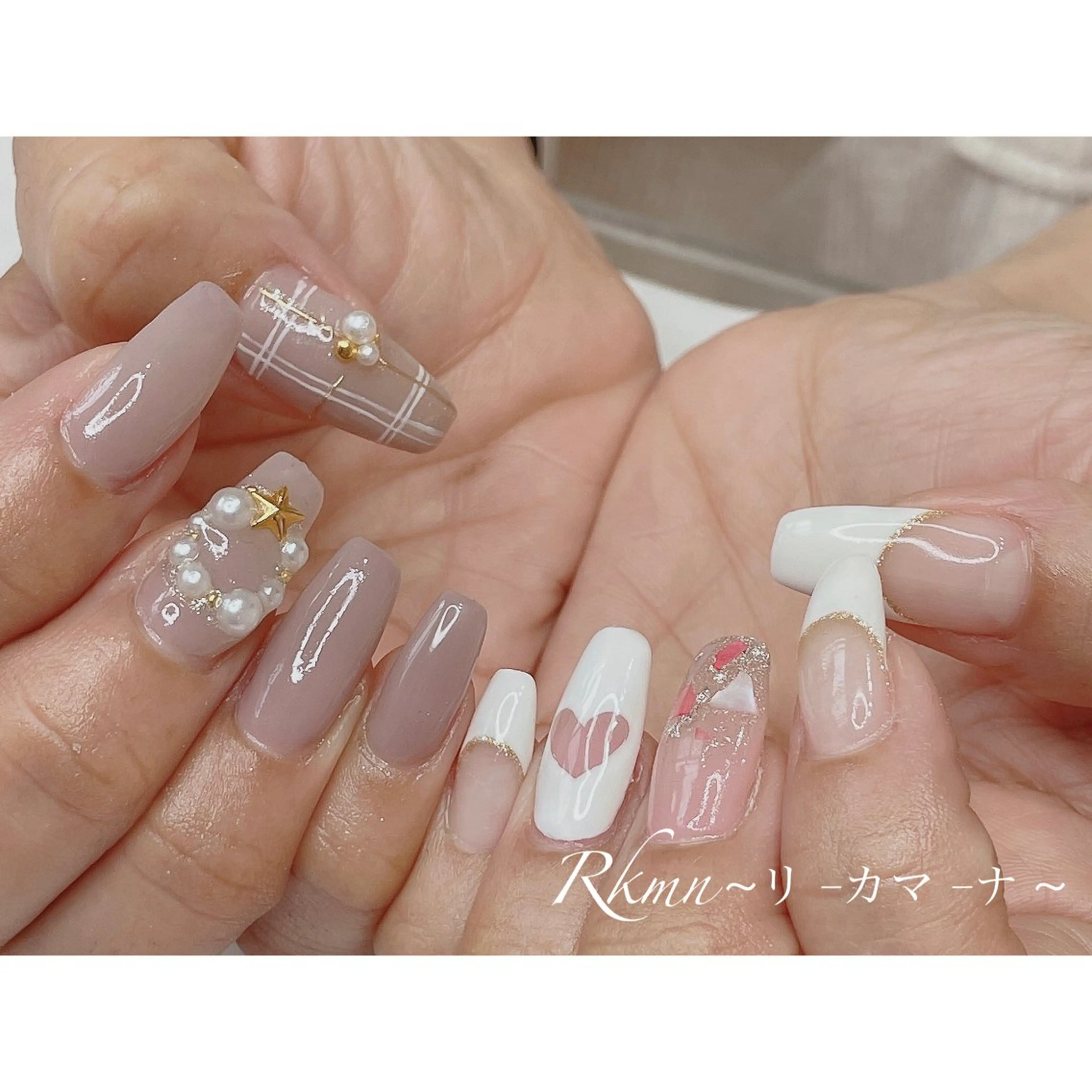 ネイル アートネイル フレンチネイル ハート 春ネイル ハンドネイル フットネイル ハンドケア Rkmn ~リ-カマ-ナ~のネイルデザイン