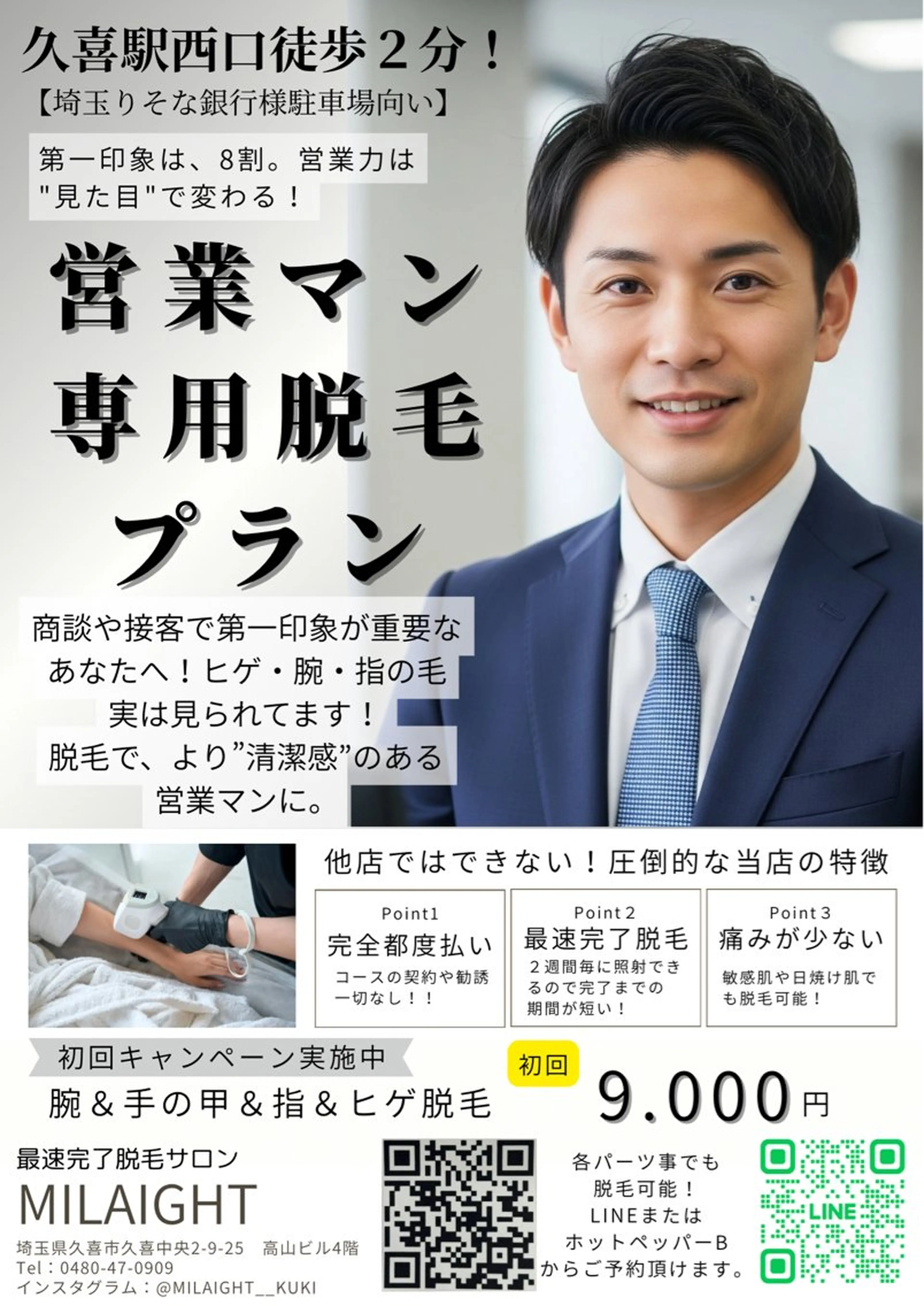 メンズ脱毛☆営業マン必見プラン！指、手の甲、腕全体、ヒゲ脱毛の写真