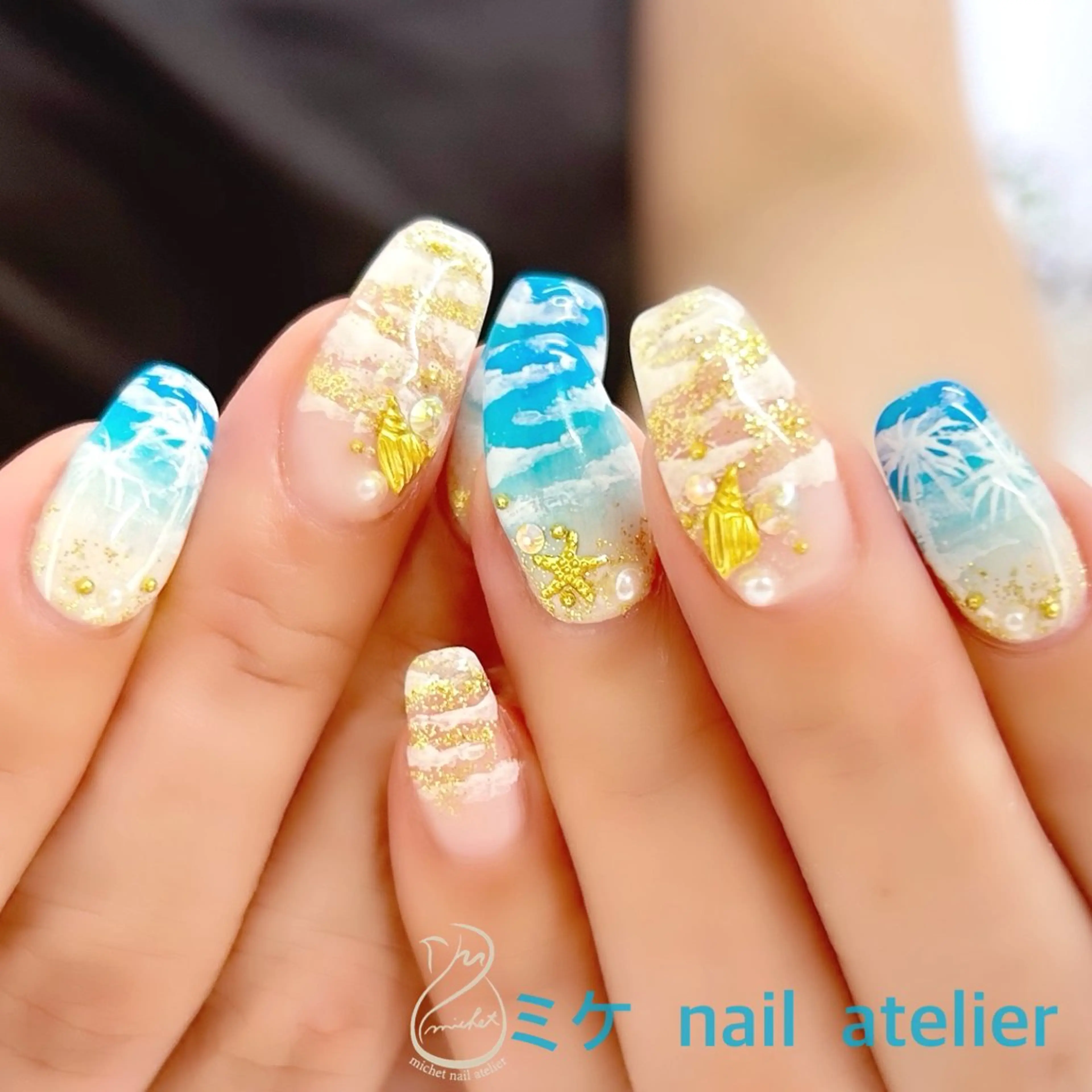 ネイル アートネイル ブルー ジェルネイル ゴールド 夏ネイル ハンドネイル h. rikaのネイルデザイン