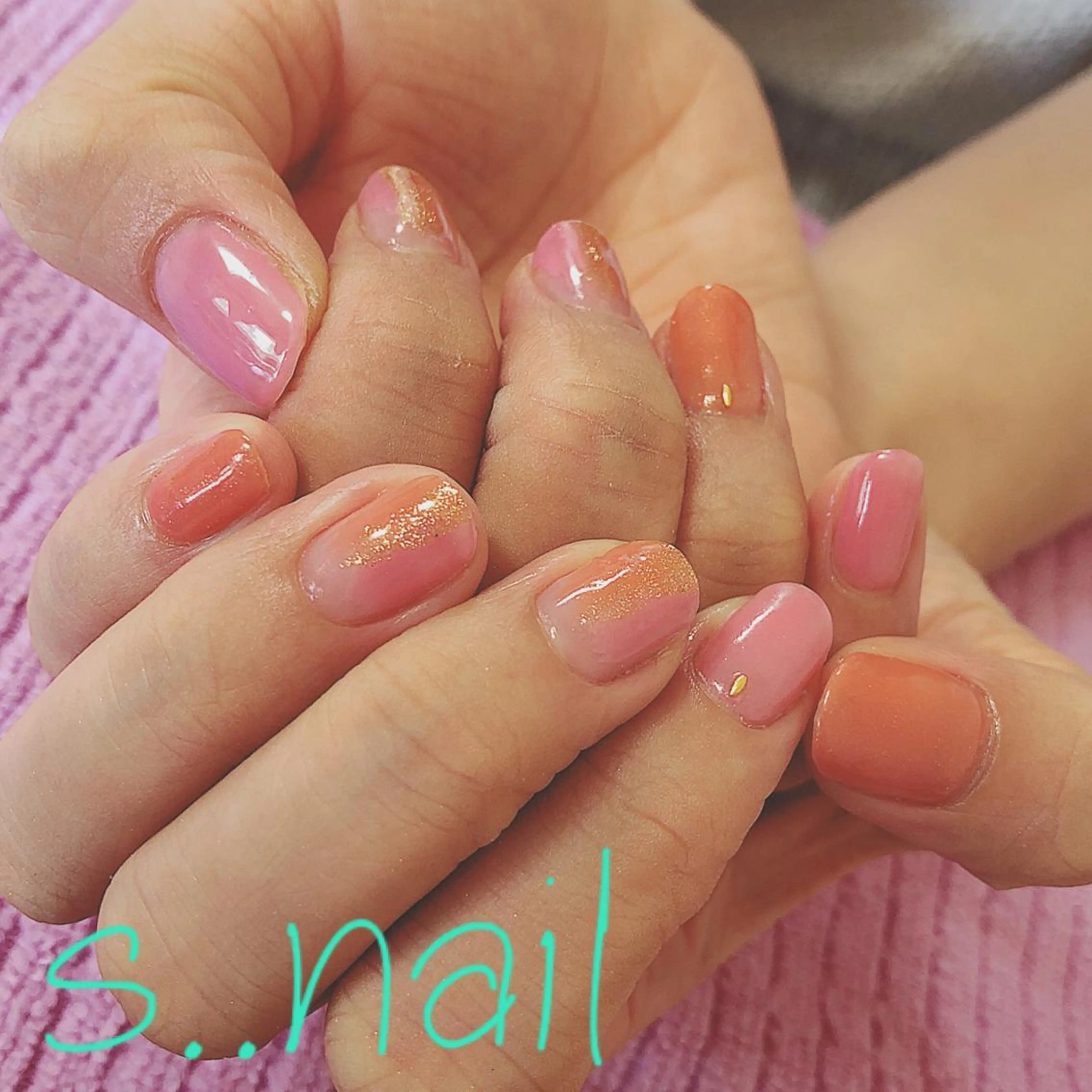 ネイル クリアネイル ラメ(グリッター) オレンジ ピンク s..nail / MORITAのネイルデザイン