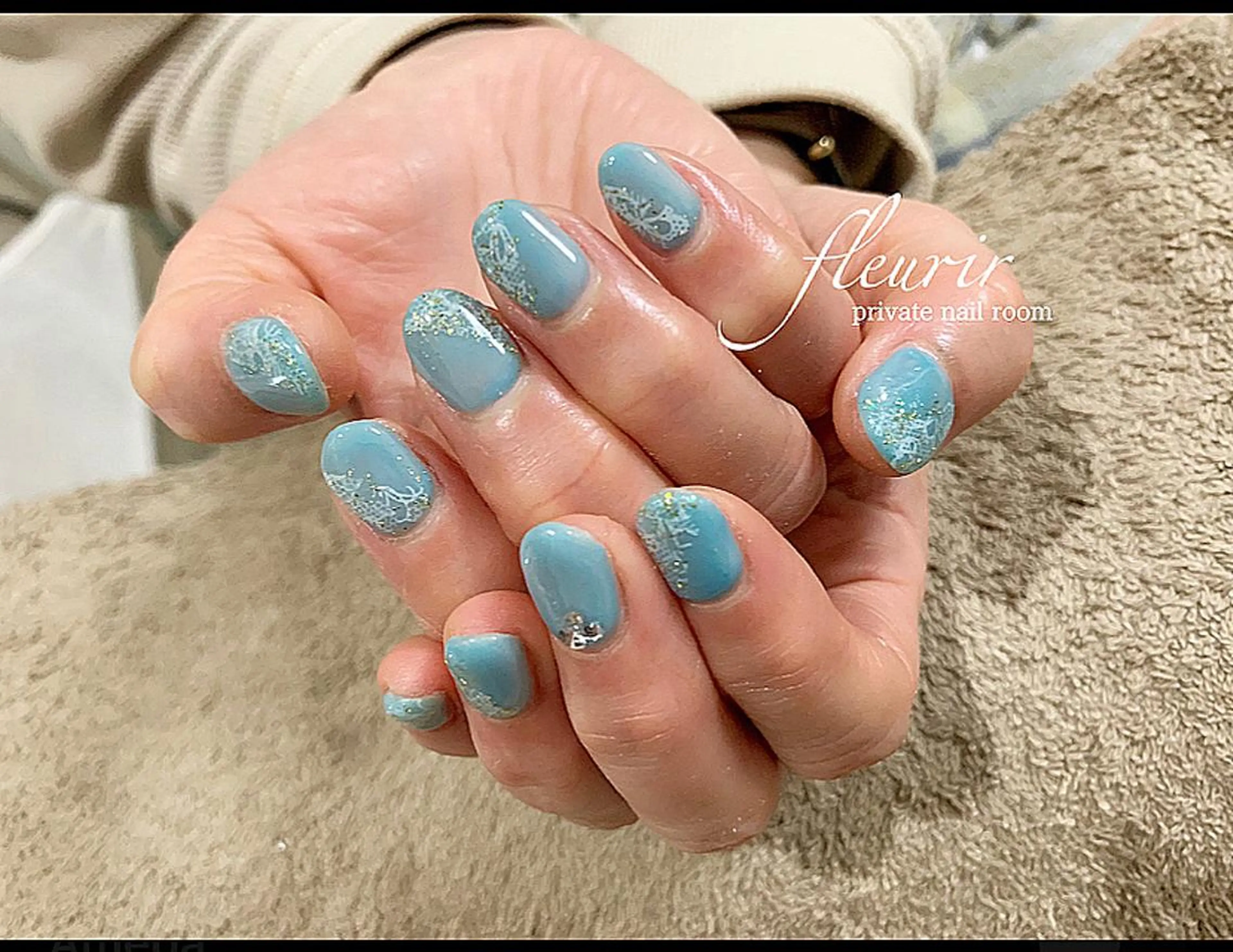 ネイル ブルー ストーンネイル フルリール 【プライベートサロンのネイルデザイン