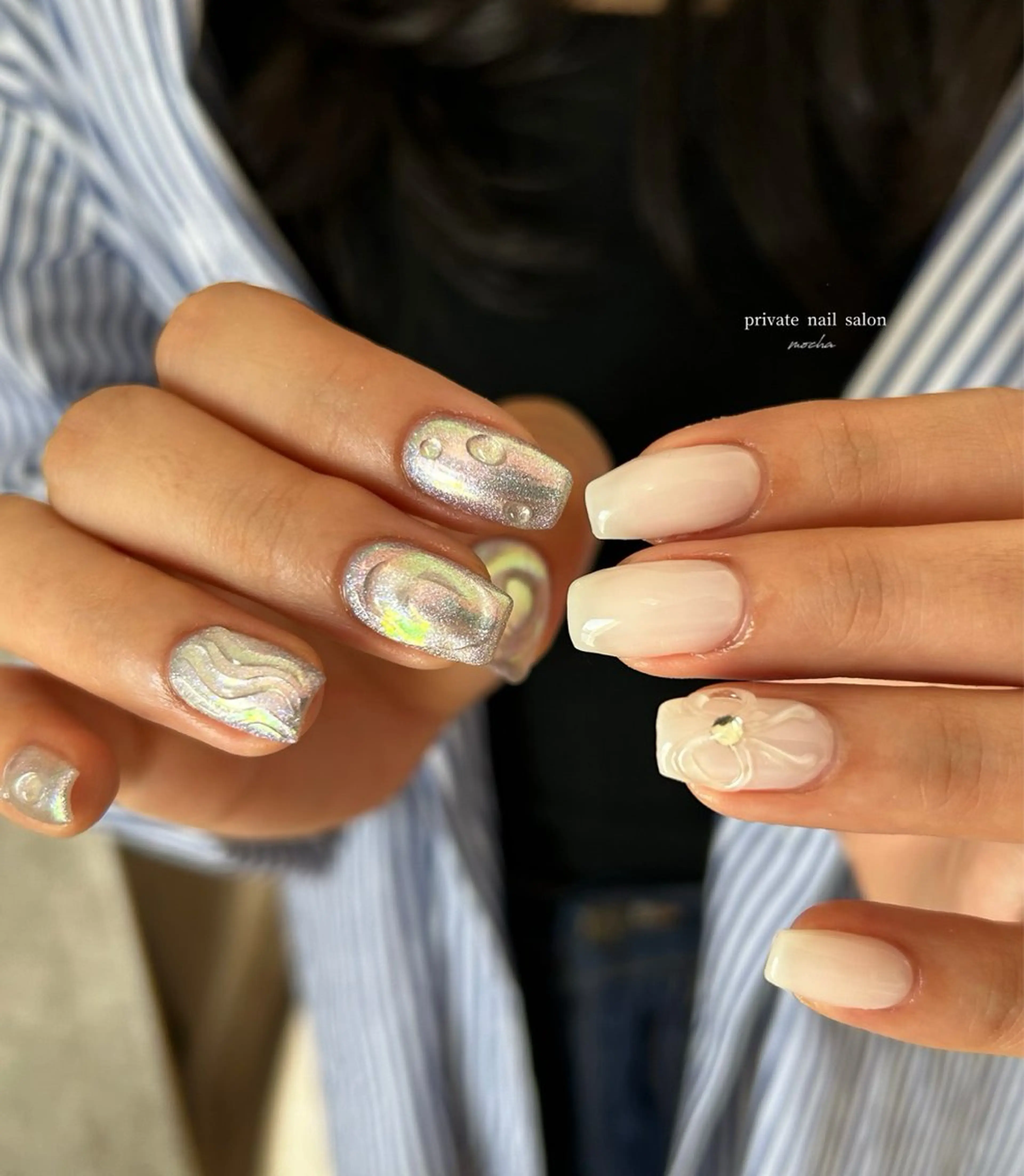 ネイル カジュアル フレンチネイル マグネットネイル ミラーネイル ニュアンスネイル ハンドネイル mocha nailのネイルデザイン