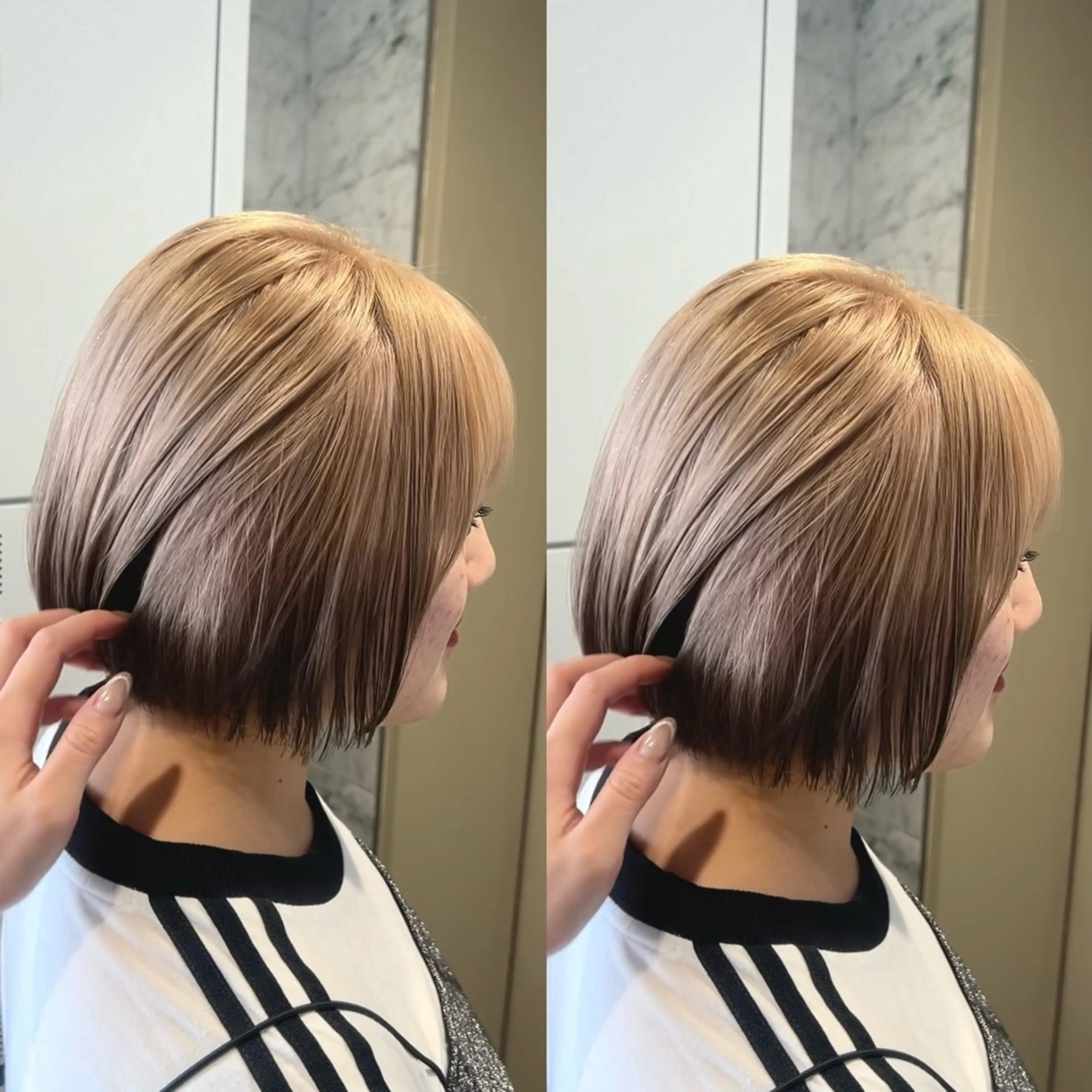 ショート カラー パーマ キッズ ベージュカラー ブリーチ 透明感カラー ハイトーンカラー ピンクカラー ヘアカラー 💖艶髪矯正×小顔 カット特化/さくらのヘアスタイル