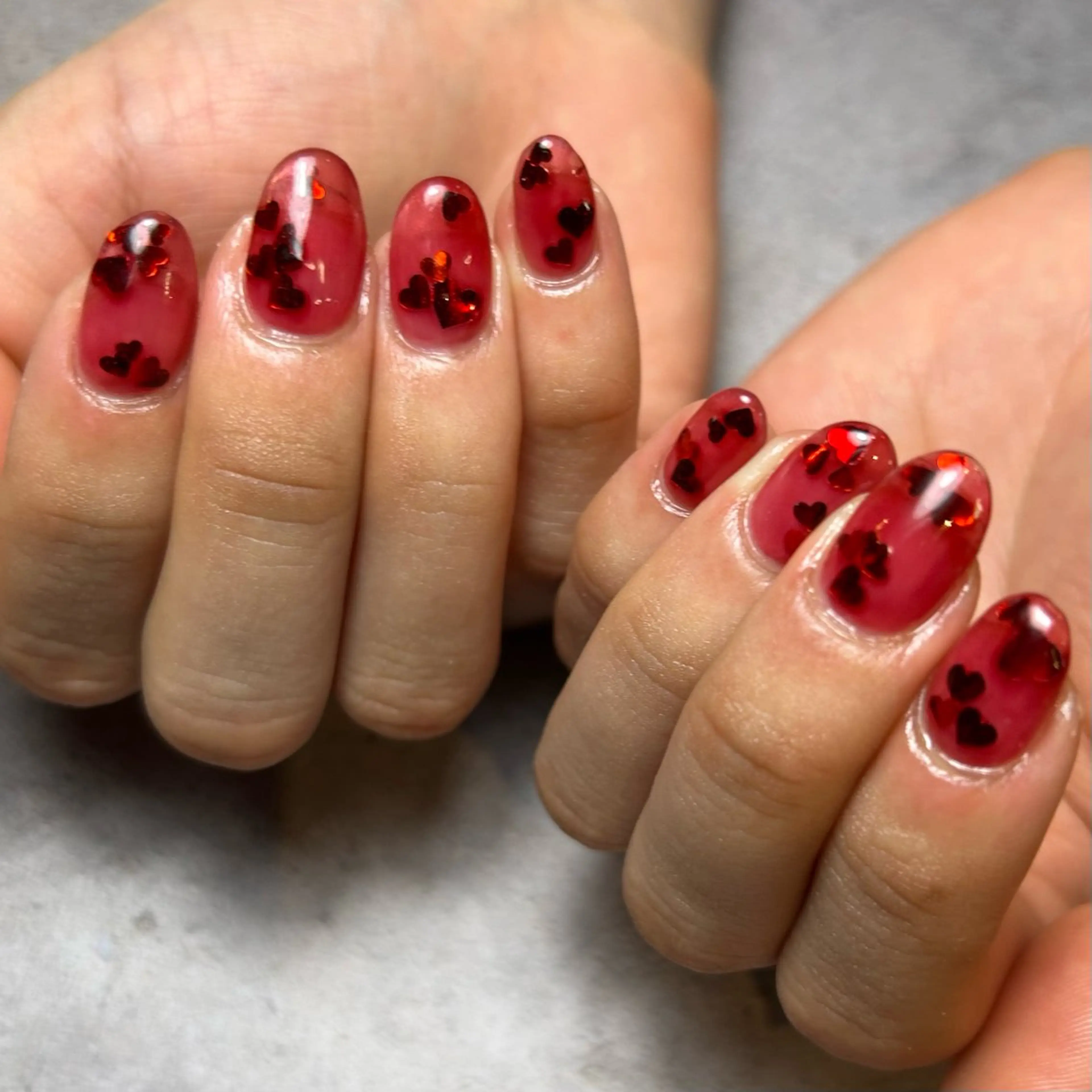ネイル クリアネイル ハート 持ち込み 赤色 ハンドネイル Reflection marikoのネイルデザイン