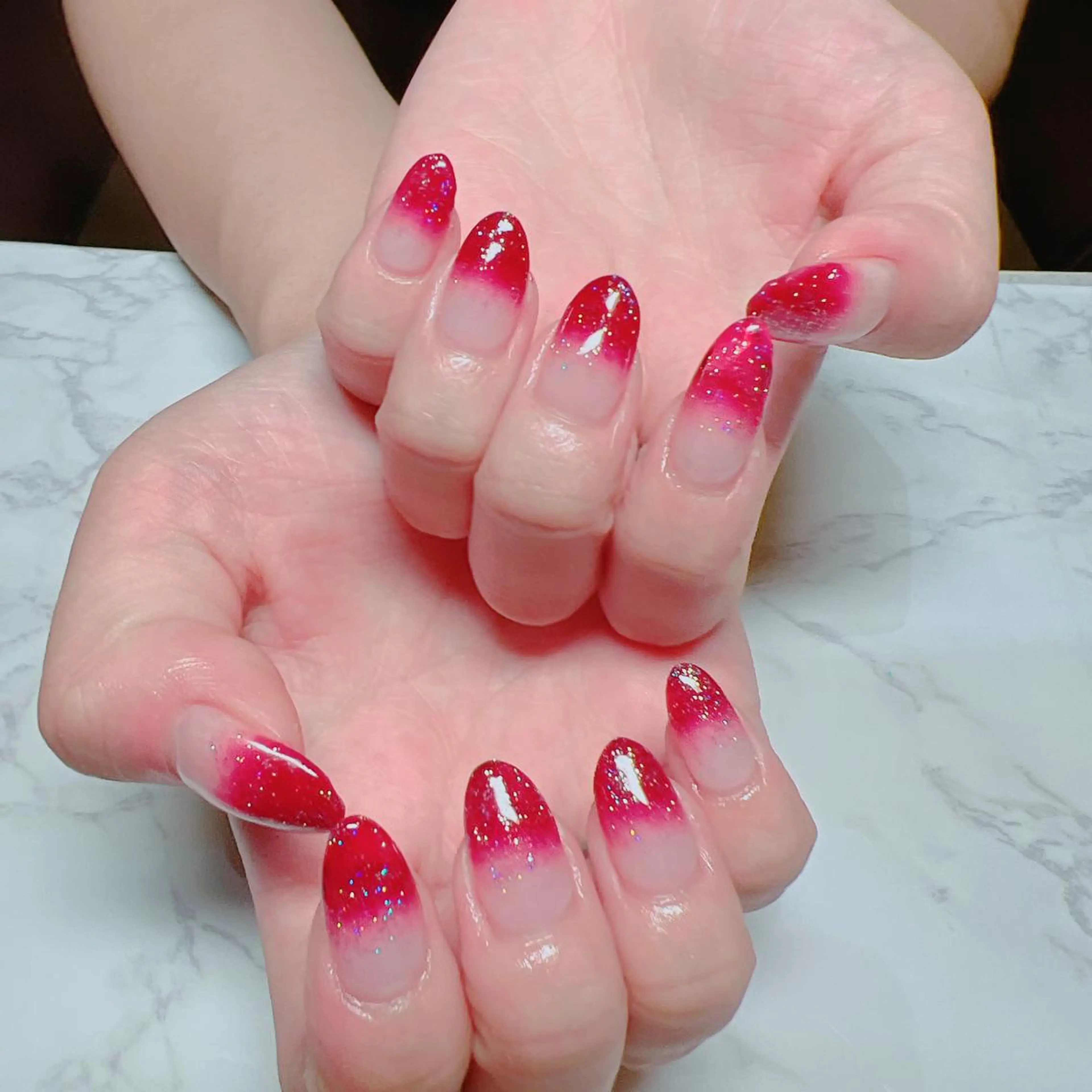 ネイル クリアネイル フラッシュネイル 赤色 ハンドネイル たきぐち みちこのネイルデザイン